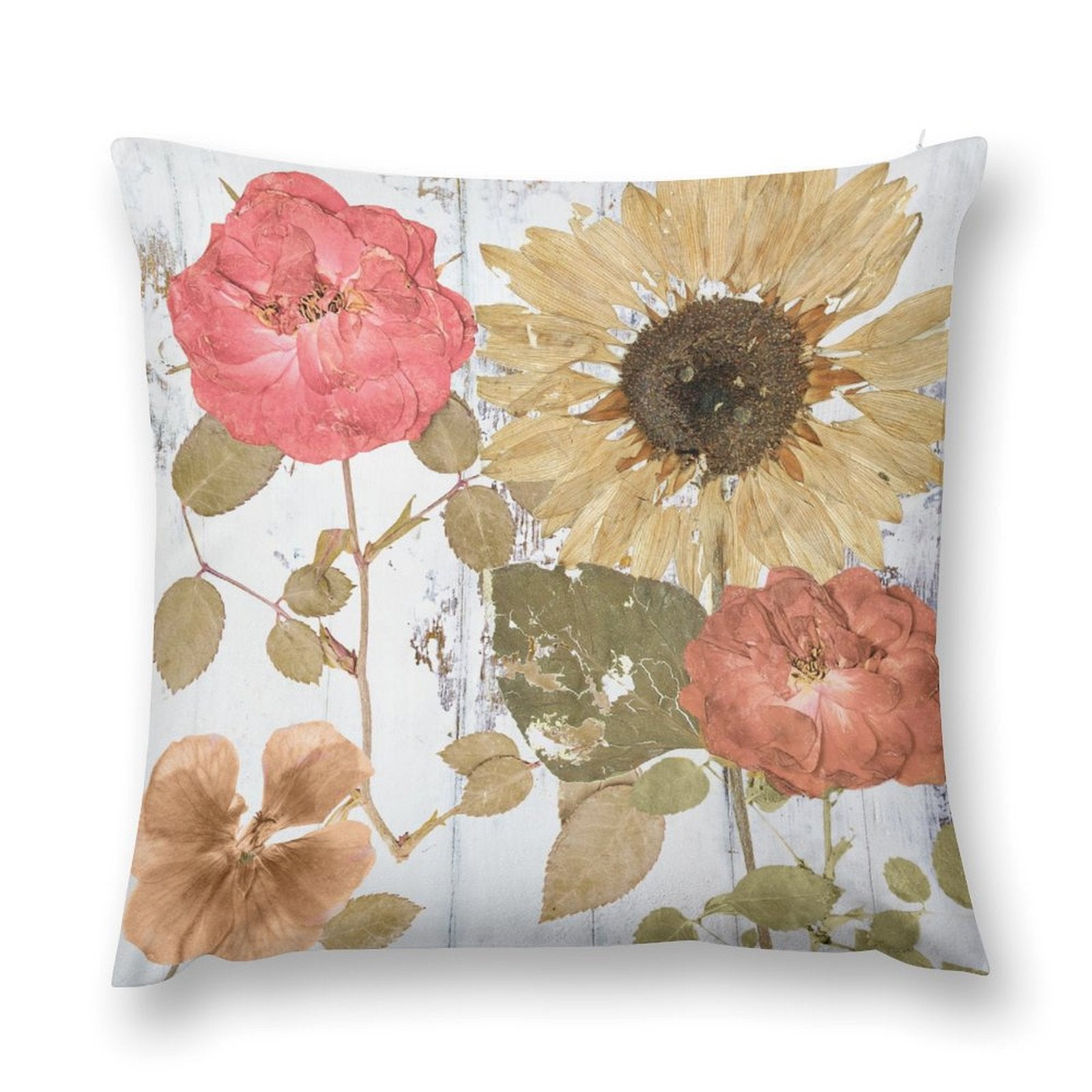 Luxury soft fluffy pillow cover featuring a dried flower design on a white wood-look backdrop.