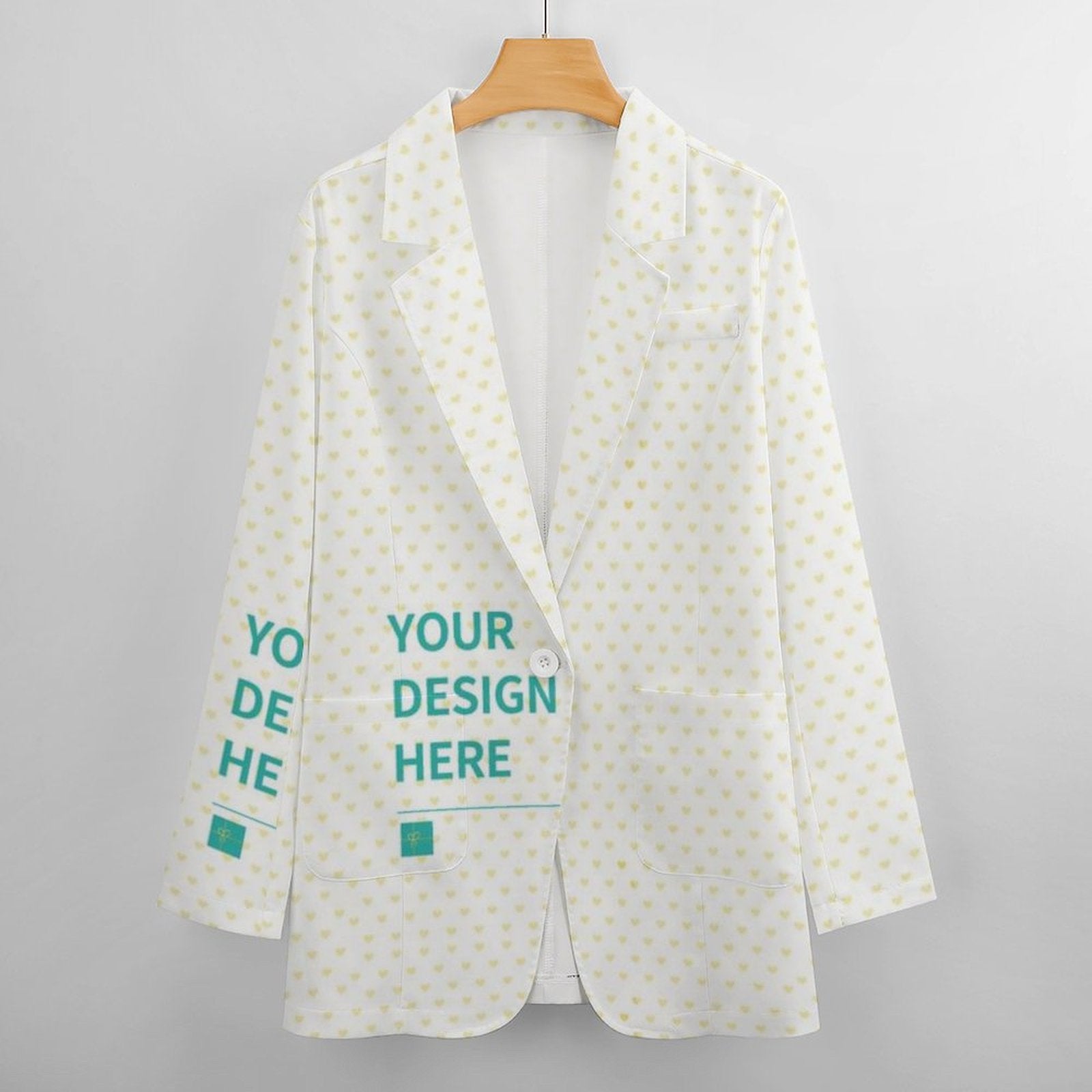Customizable women's blazer with heart pattern; design your own open front jacket at MyArtsyGift.