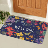 Dark-medium entrance door mat with butterflies and floral design, reads welcome, for indoor and outdoor use