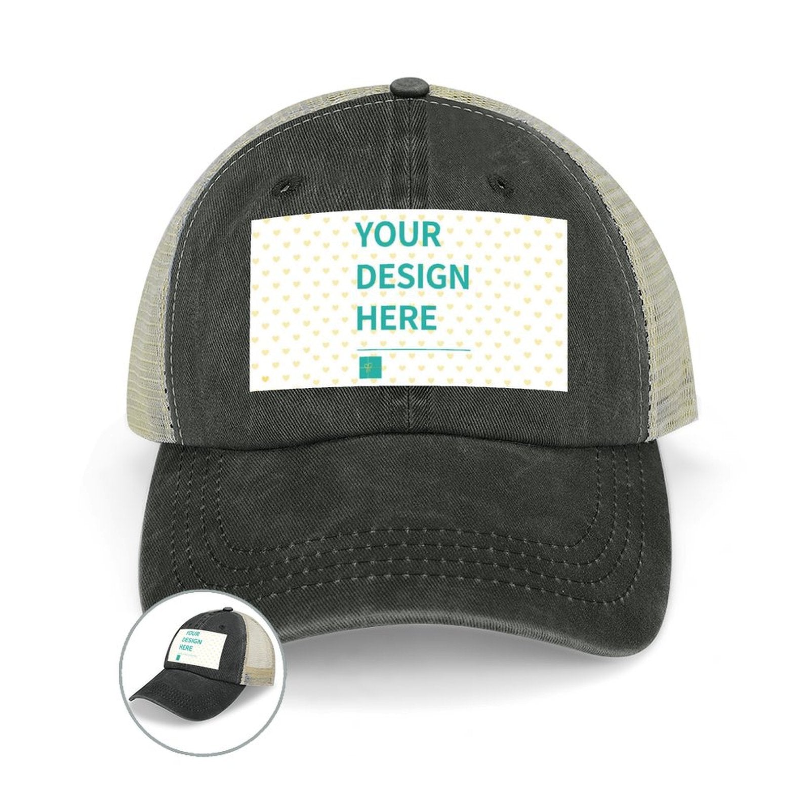 Customizable cotton baseball cap with mesh back and Your Design Here text, MyArtsyGift
