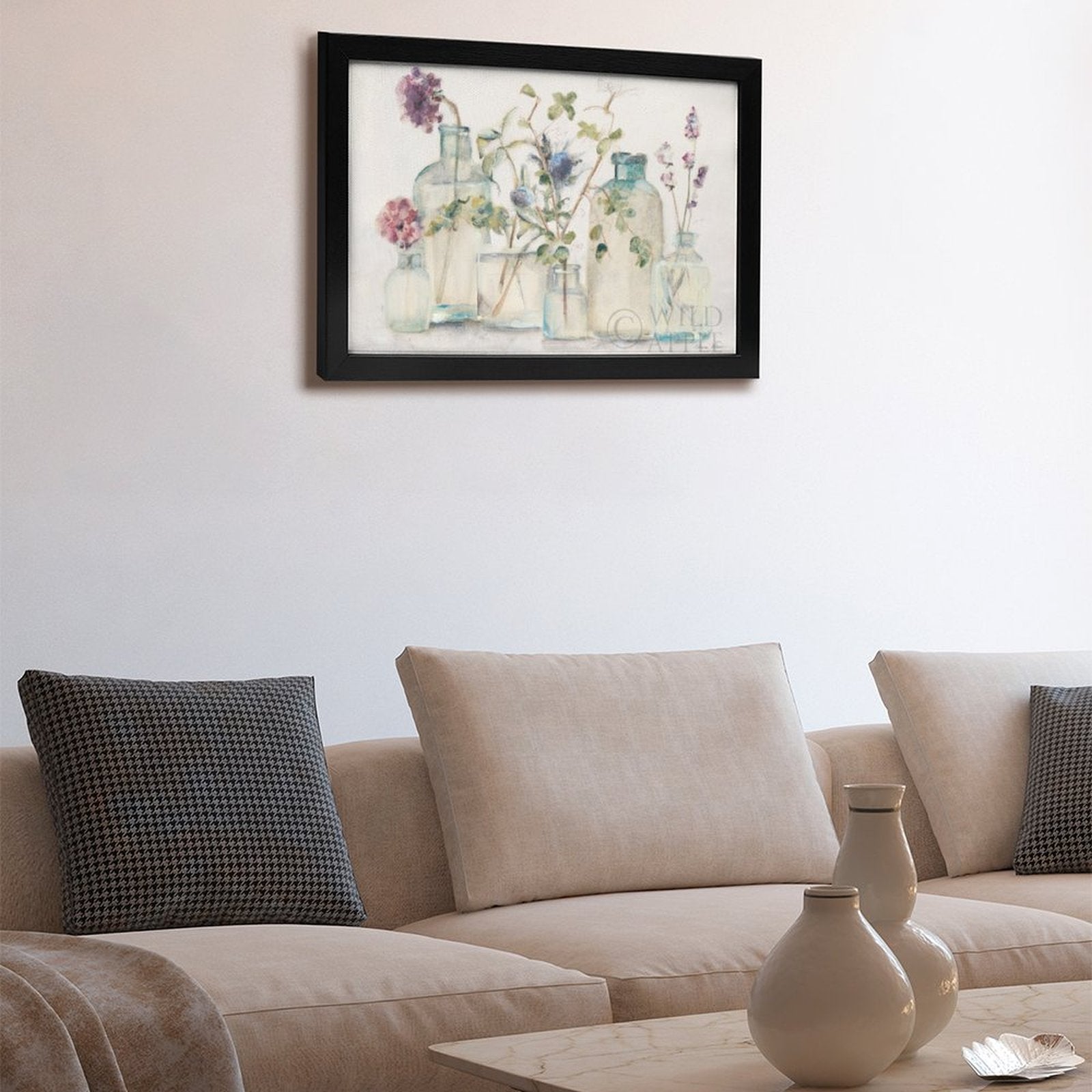 Canvas print floral wall art with black frame, featuring watercolor blossoms in glass jars, home decor, Wild Attee.