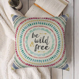 Linen pillow case with "be wild & free" text and mandala design for living room decor.