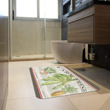 Farm Fresh door mat with radishes, snap peas, and carrots in bathroom setting. Indoor/outdoor entrance rubber floor mat.