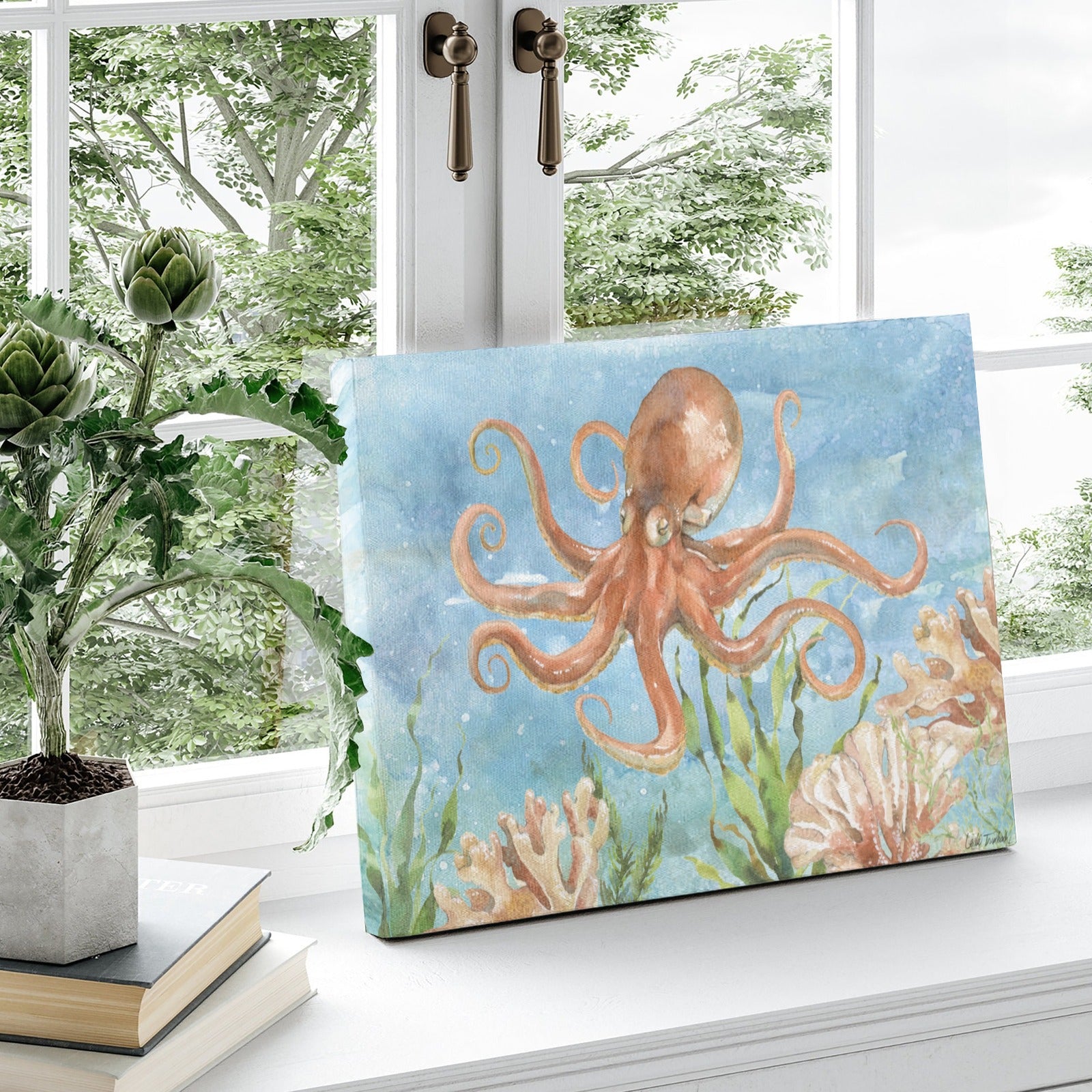 Octopus and coral canvas print, watercolor art for home decor, Made in USA. Wall art for living room