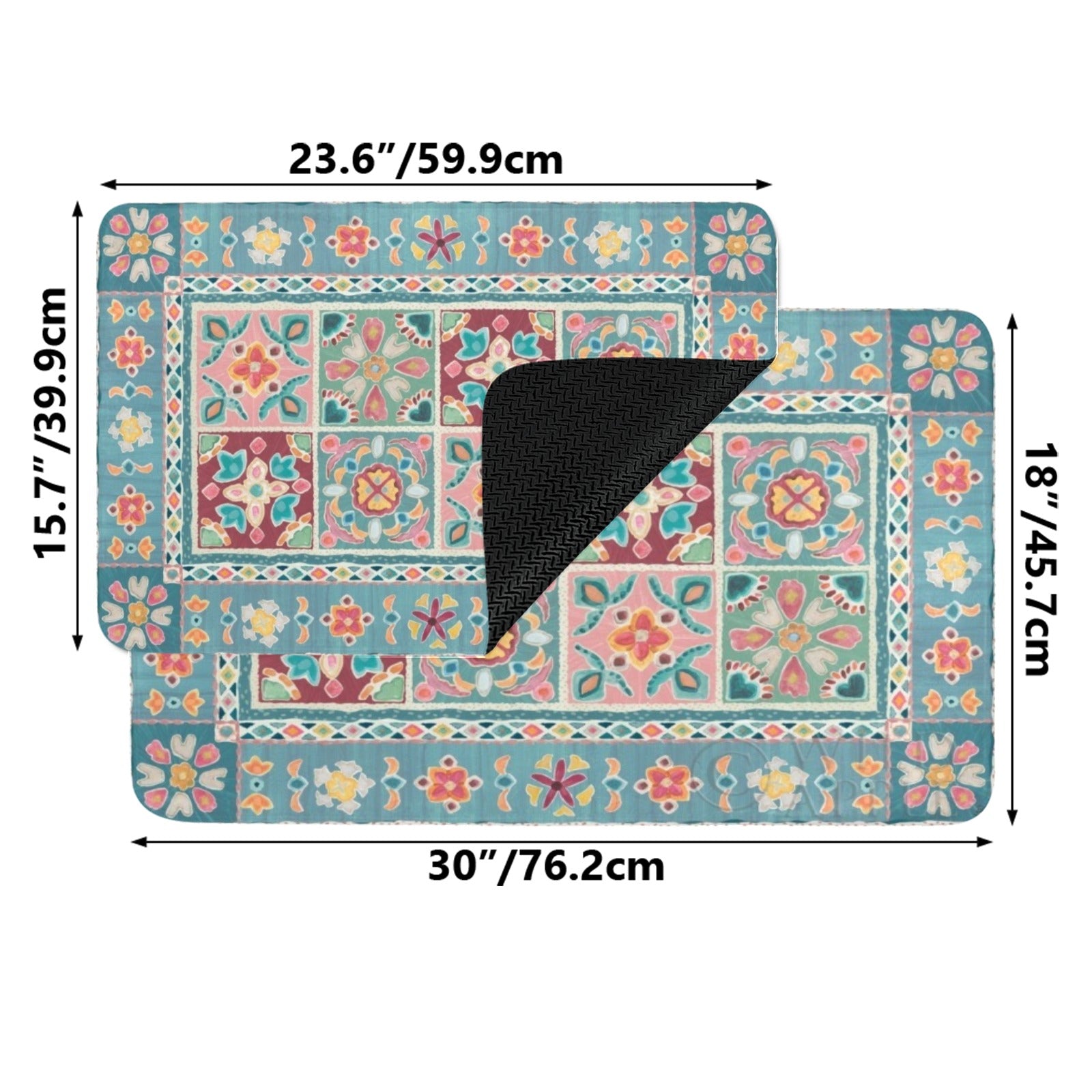 Colorful floral My Life entrance door mat, teal, pink, yellow, durable floor mat for indoor and outdoor use.