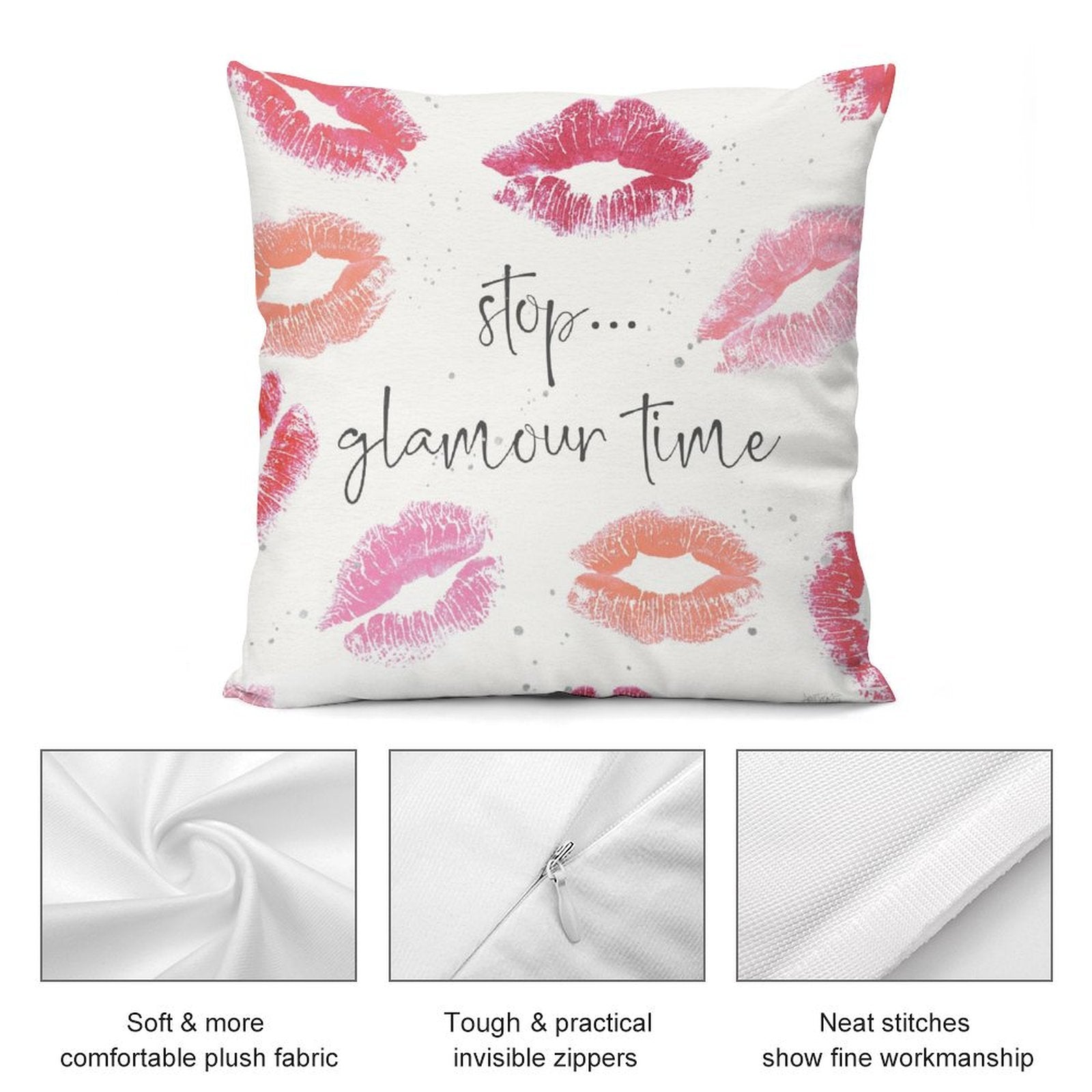 Plush pillow cover with kiss imprints and 'stop... glamour time' text, featuring soft fabric, perfect for sofa.