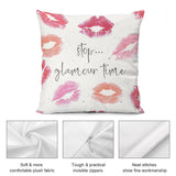 Plush pillow cover with kiss imprints and 'stop... glamour time' text, featuring soft fabric, perfect for sofa.