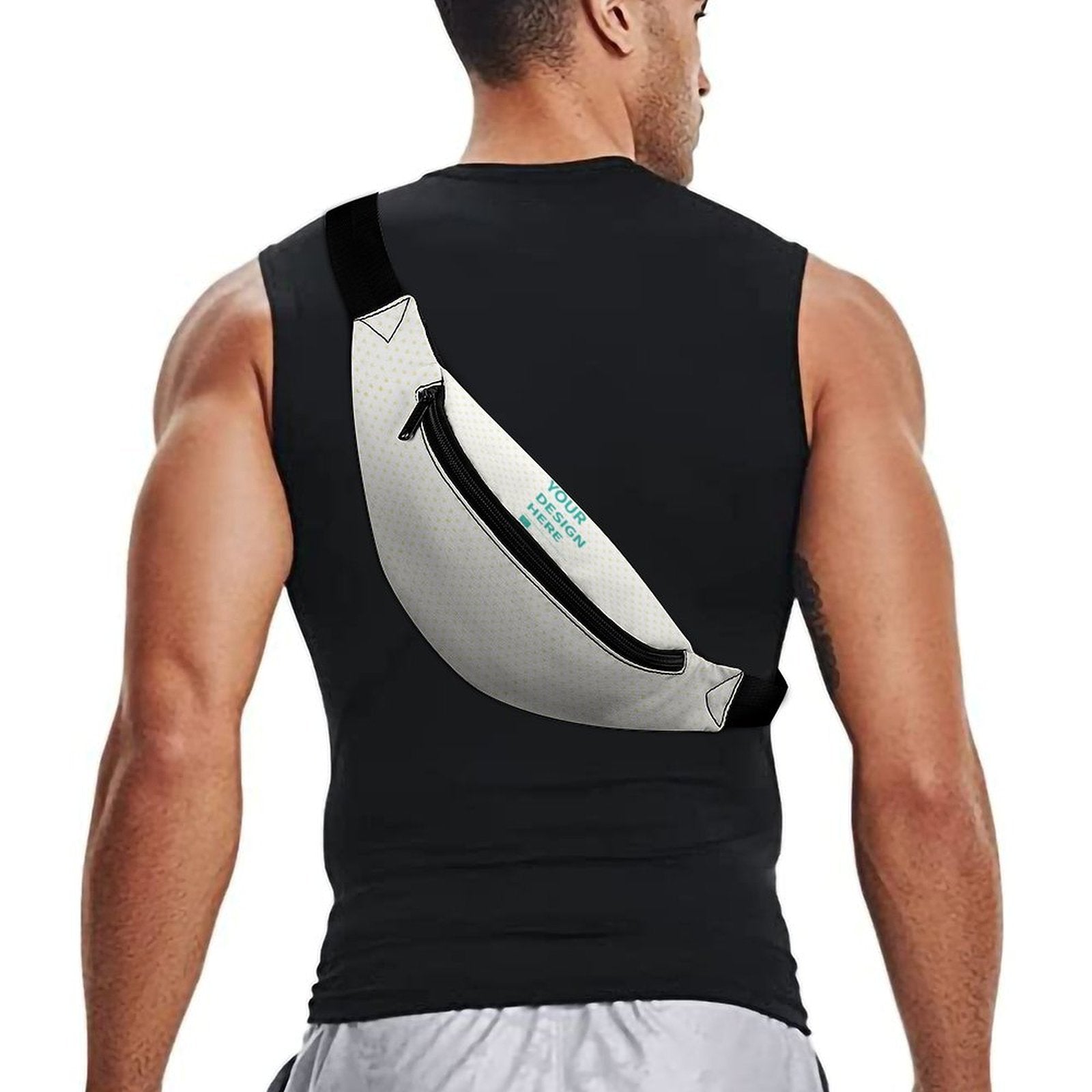 Custom fanny pack for men with "YOUR DESIGN HERE" text, made of durable polyester, ideal for travel and outdoor activities.
