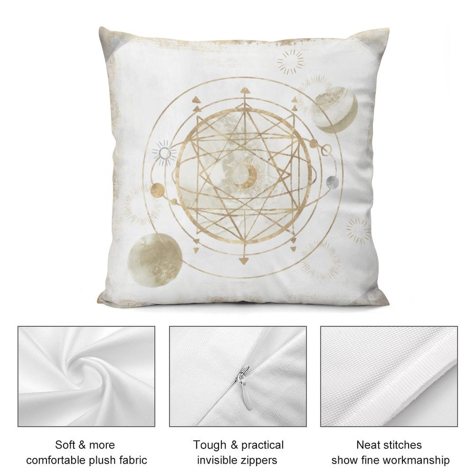 Soft plush pillow cover with gold celestial design. Features: soft plush fabric, invisible zipper, and neat stitches.