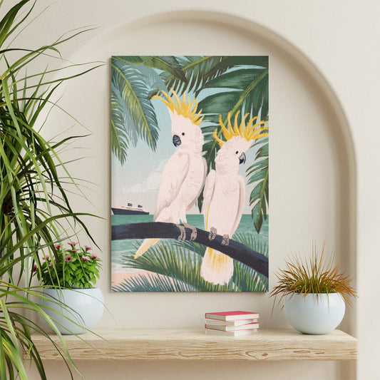 Modern wall art canvas print of two cockatoos on a branch, tropical home decor