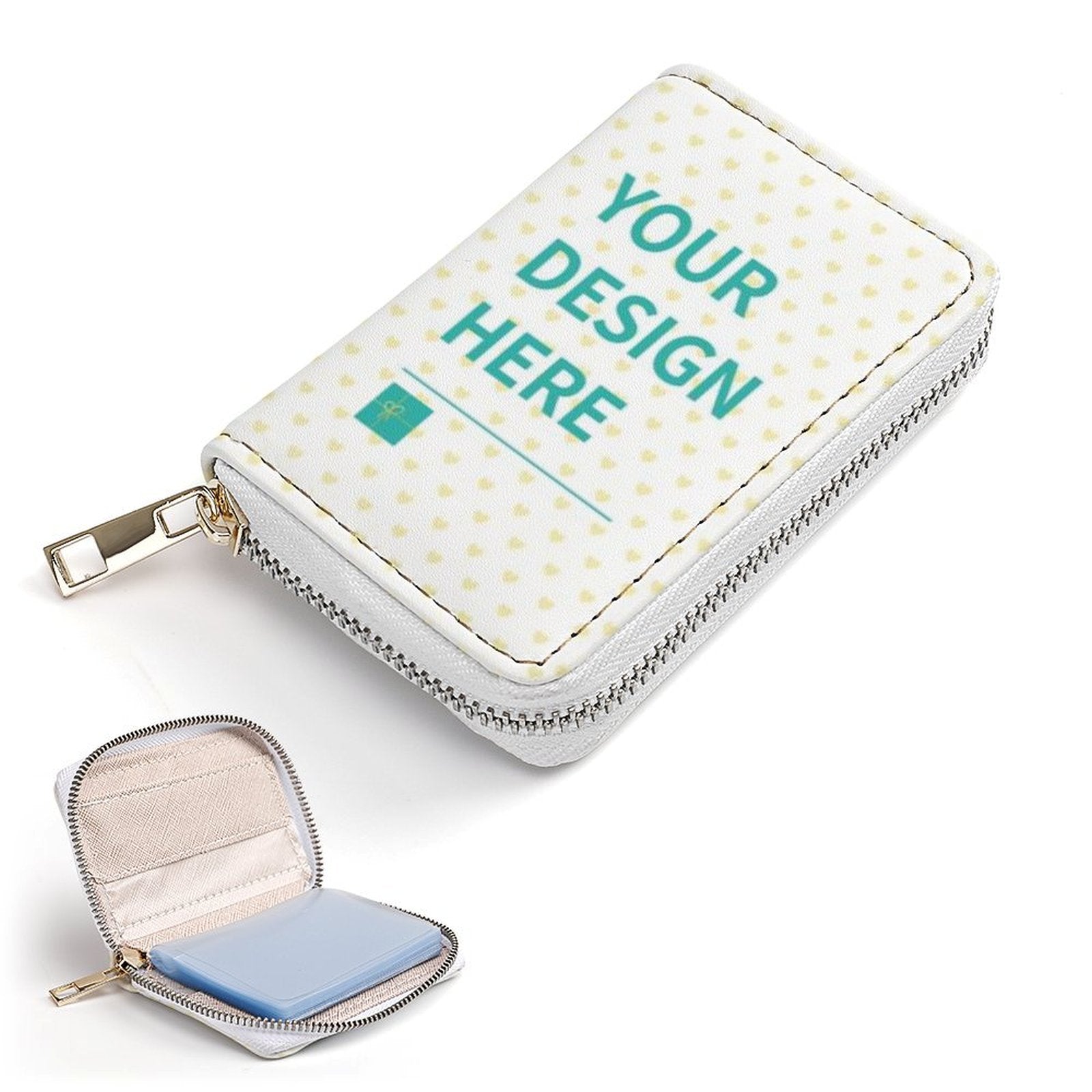 Personalized white PU leather card case with custom design area, minimalist wallet for men and women.