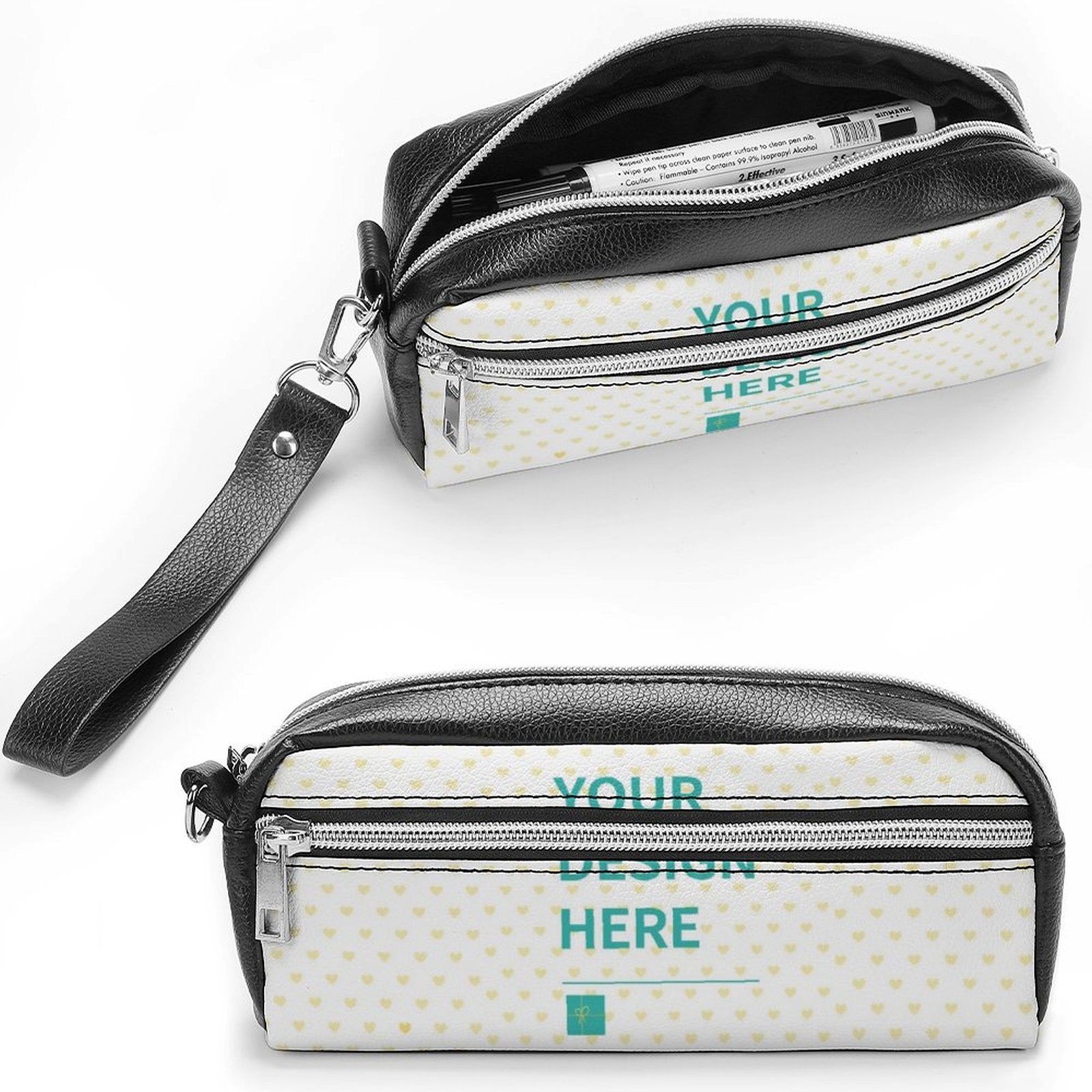 Customizable pen bag with double zipper and 'YOUR DESIGN HERE' design, perfect for stationery, cosmetics.