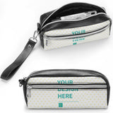 Customizable pen bag with double zipper and 'YOUR DESIGN HERE' design, perfect for stationery, cosmetics.