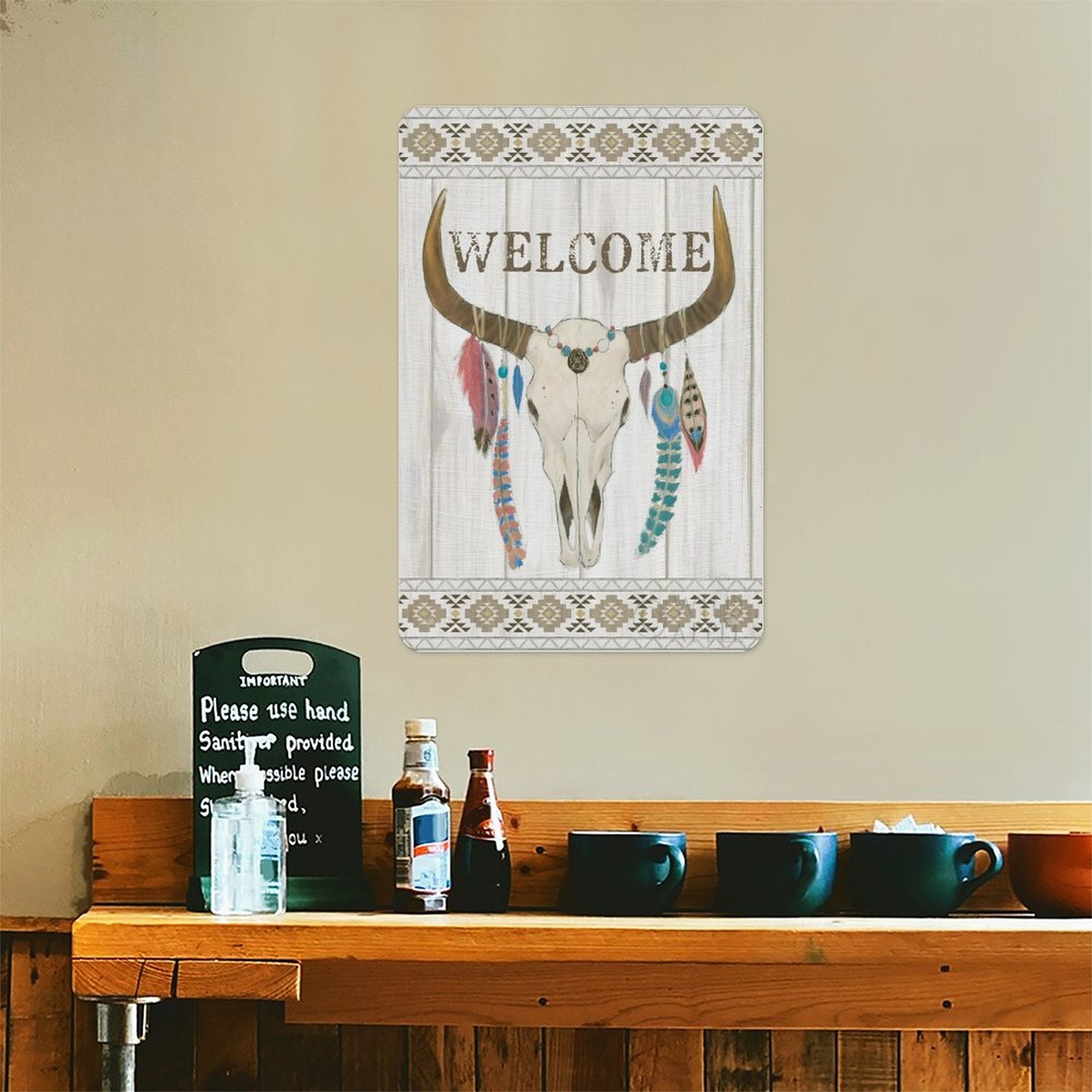 Metal tin sign with WELCOME bull skull design, personalized iron painting, for home decor.