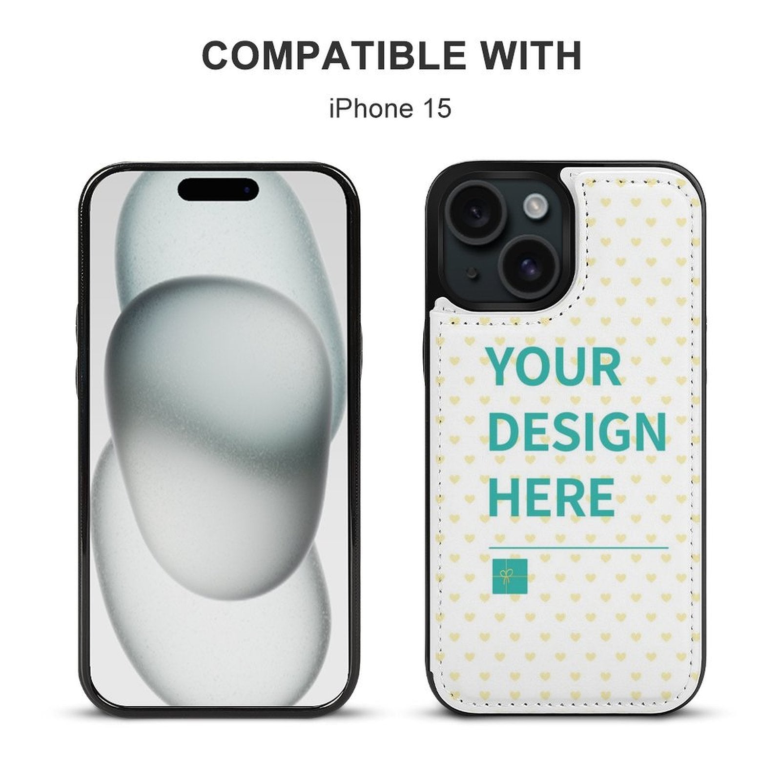 Custom iPhone 15 Series flip case with card slot, featuring "YOUR DESIGN HERE" text