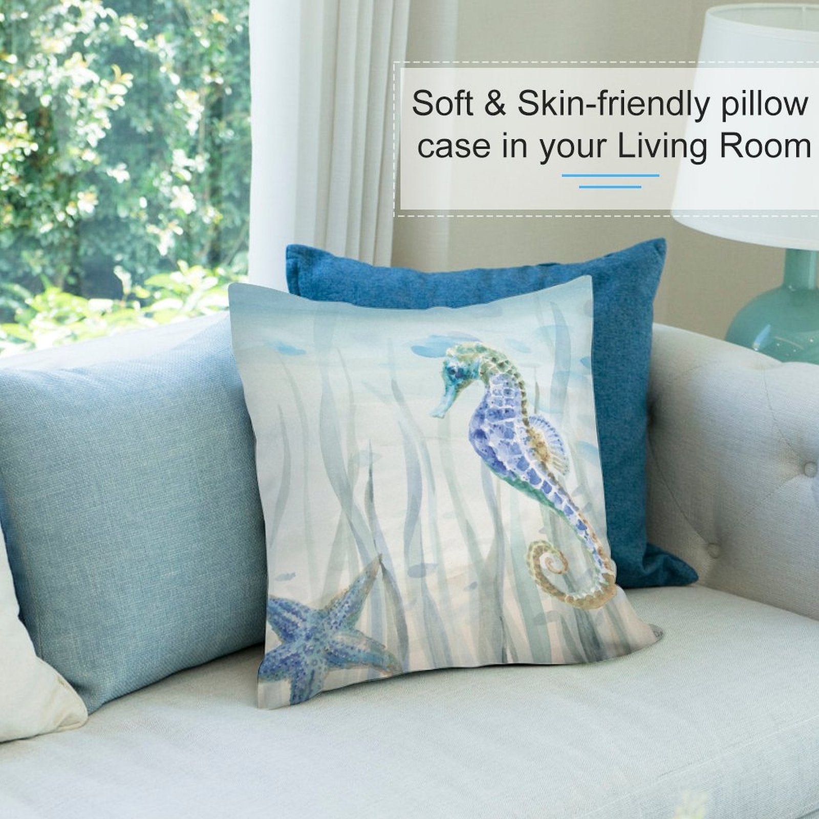 Soft plush pillow cover with seahorse and starfish watercolor design, perfect for sofa or couch living room decor.