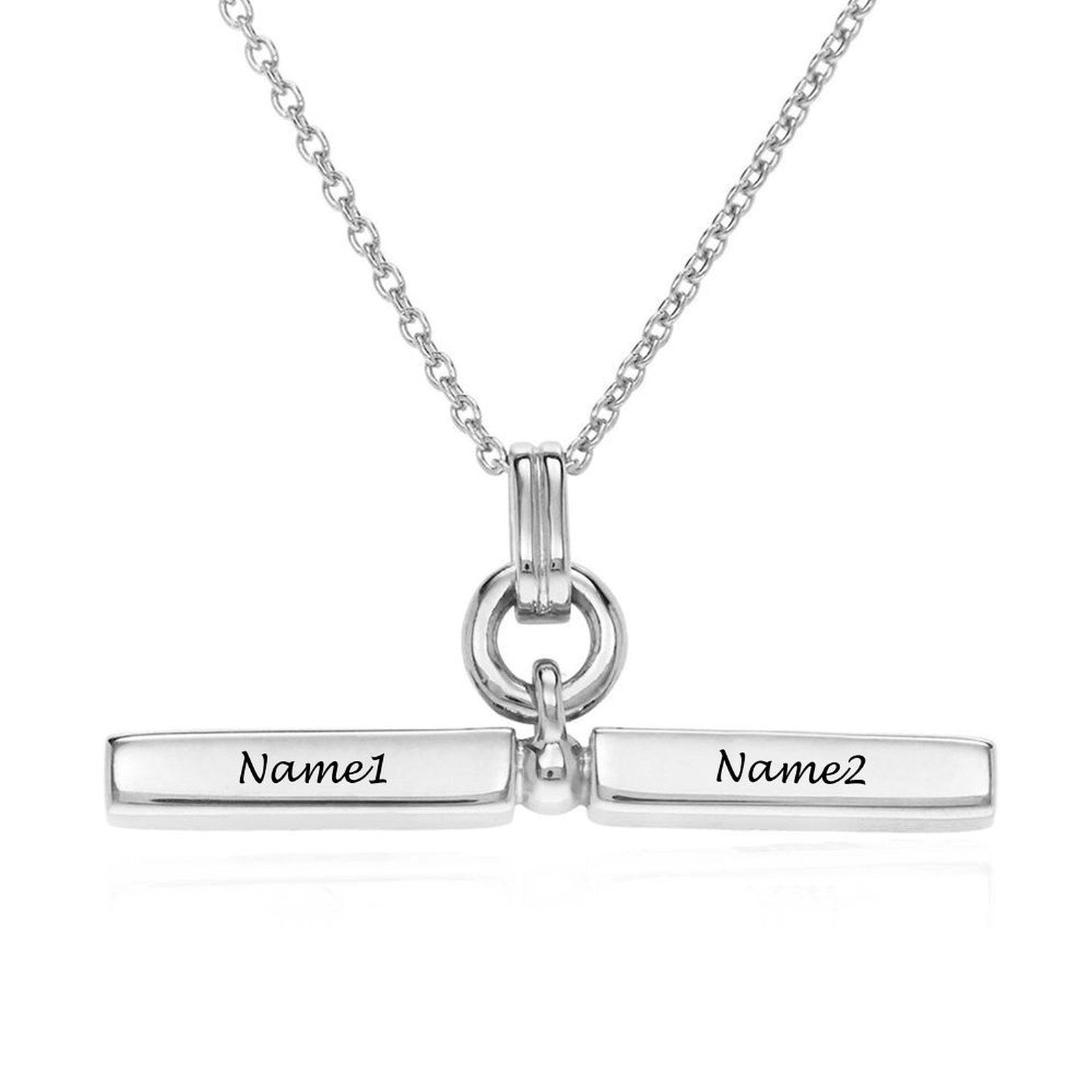 Personalized silver bar necklace with engraved names Name1 and Name2, a perfect custom gift for women or men.