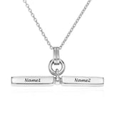 Personalized silver bar necklace with engraved names Name1 and Name2, a perfect custom gift for women or men.