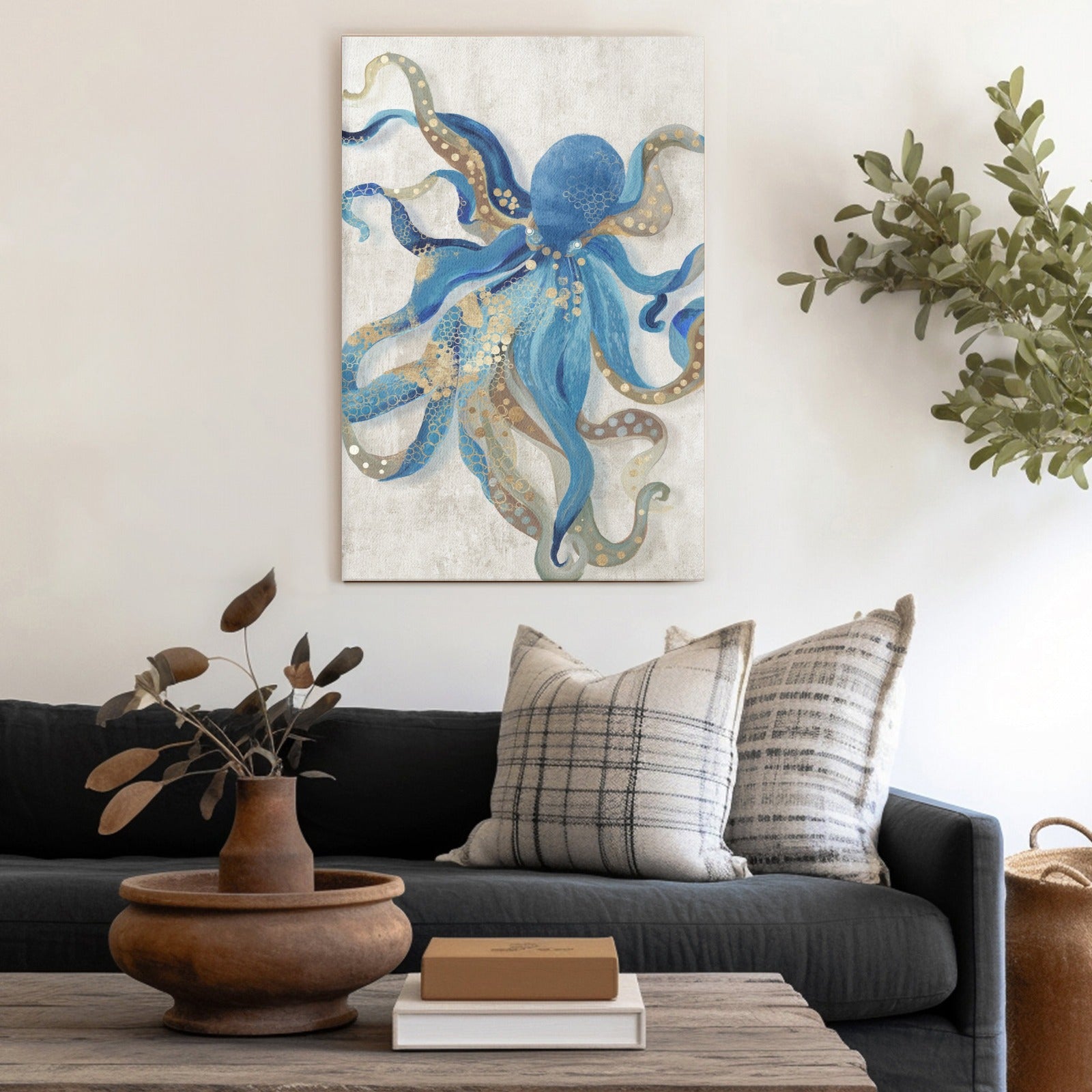 Blue and gold octopus canvas print, modern wall art for living room home decor