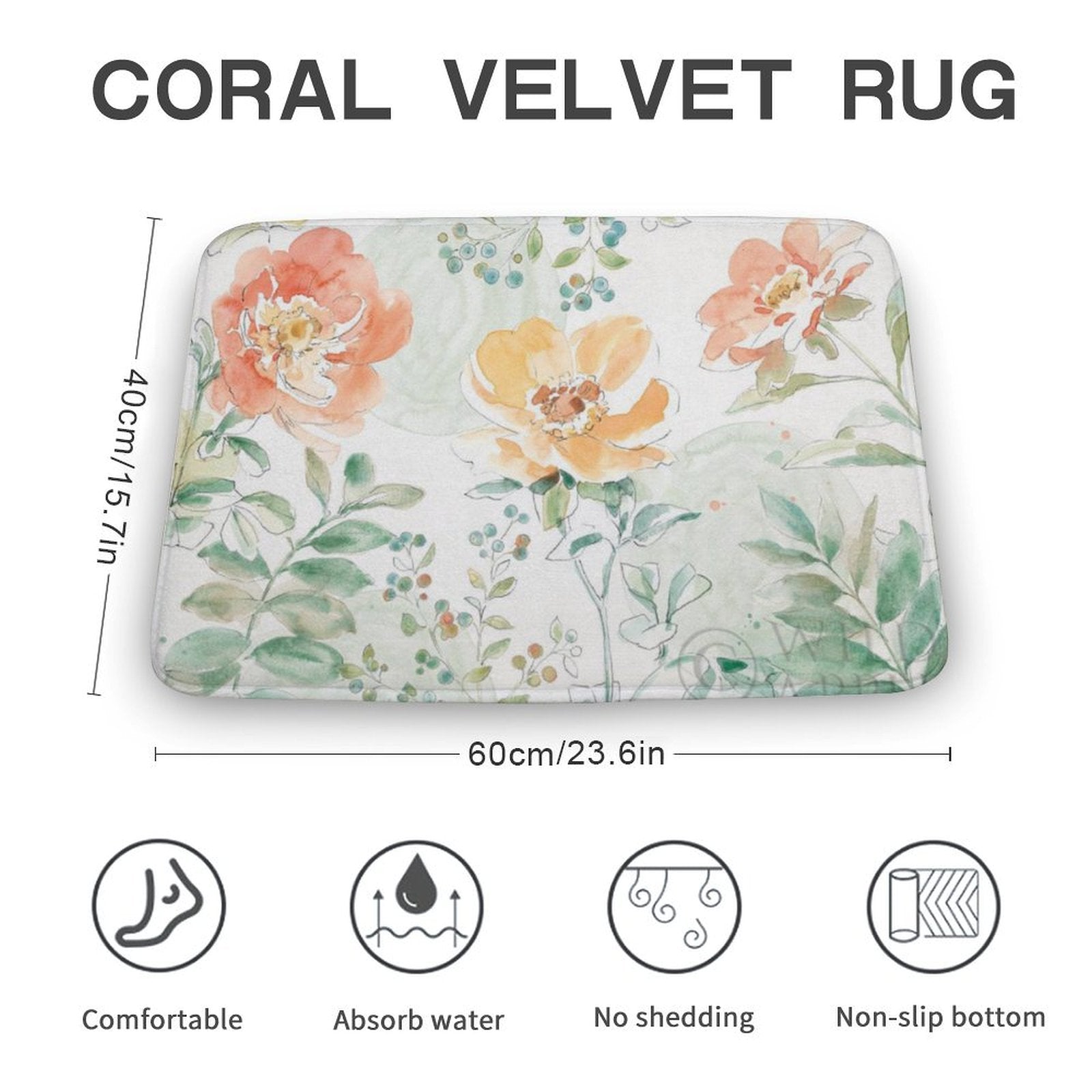 Coral velvet bath rug with floral design, non-slip, absorbent for bathroom.