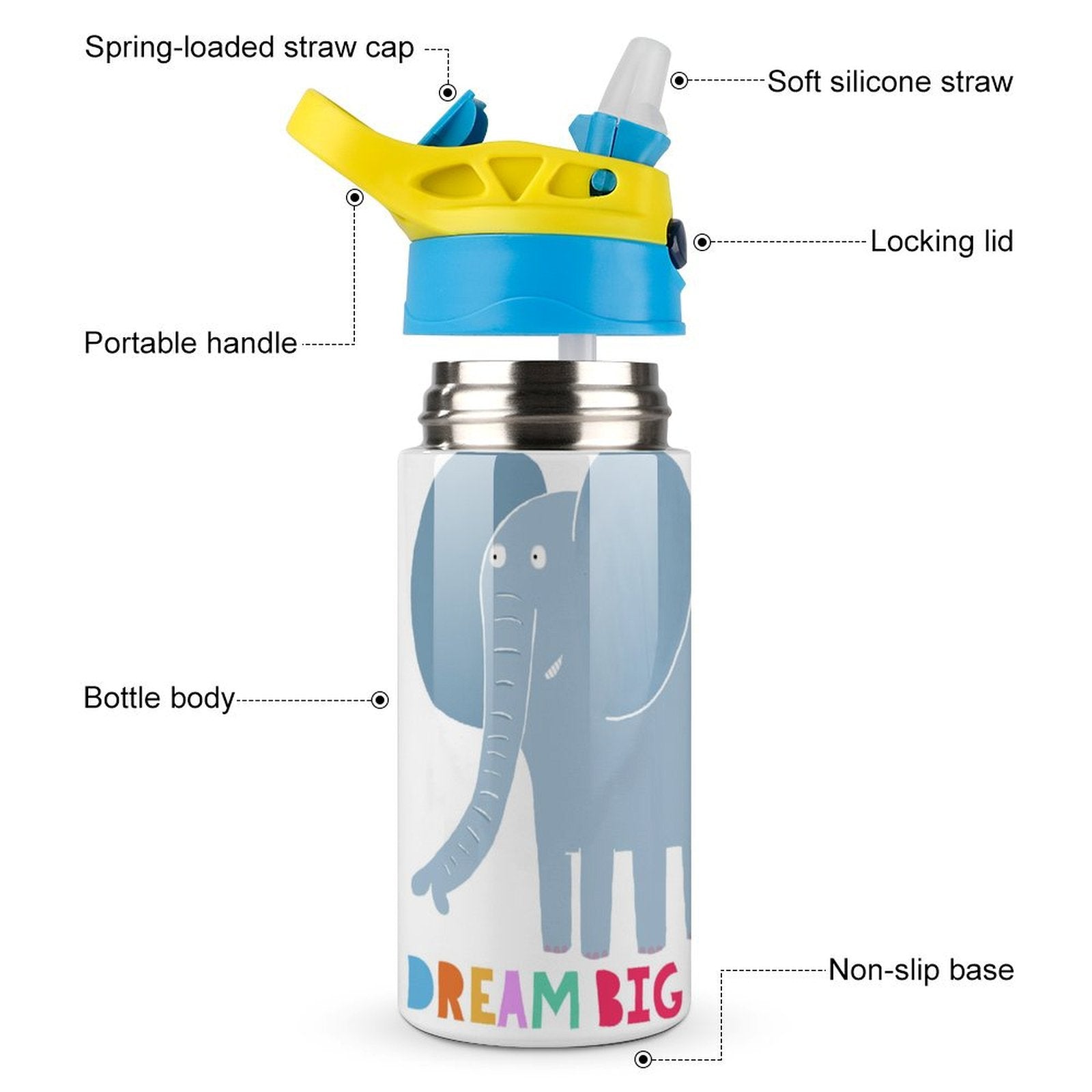 Kids' insulated water bottle with elephant design and DREAM BIG text, leak-proof toddler cup with straw