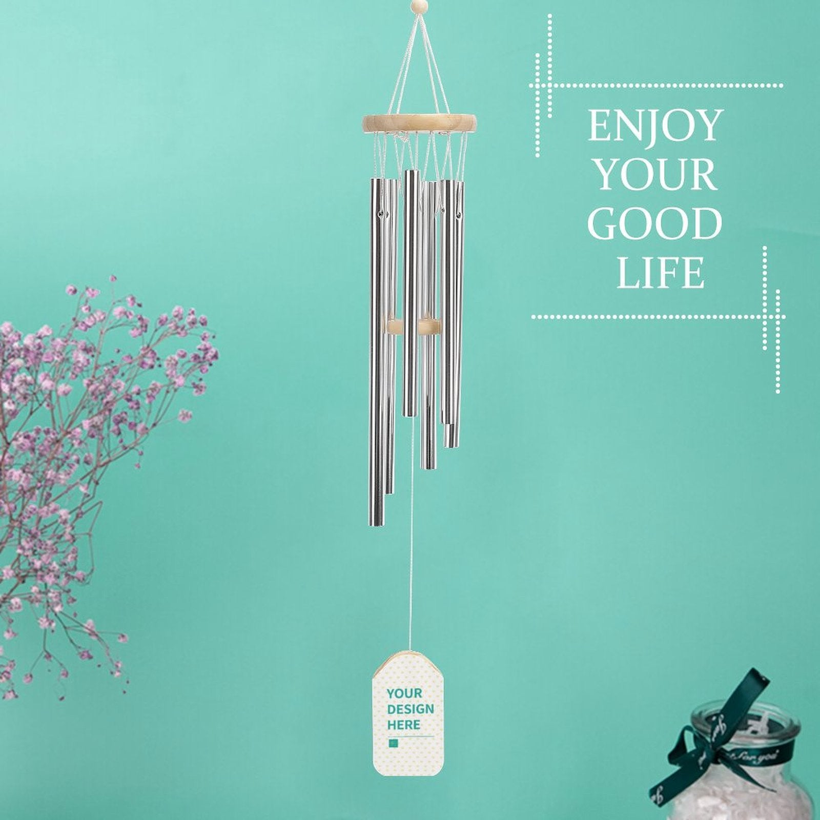 Custom wind chime for garden decor with aluminum tubes, wooden elements, and personalized design.