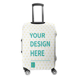 Custom luggage cover with 'YOUR DESIGN HERE' text, white with yellow hearts, perfect for travel, MyArtsyGift