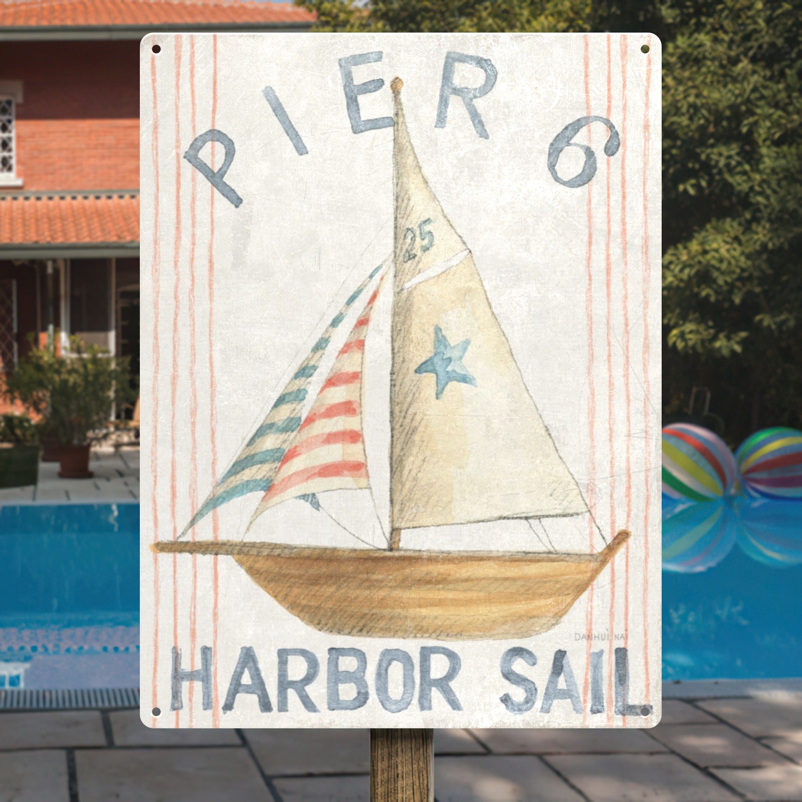 Nautical Pier 6 Harbor Sail Metal Sign with Sailboat Illustration, Beach Decor