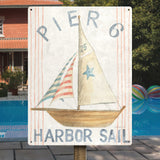 Nautical Pier 6 Harbor Sail Metal Sign with Sailboat Illustration, Beach Decor