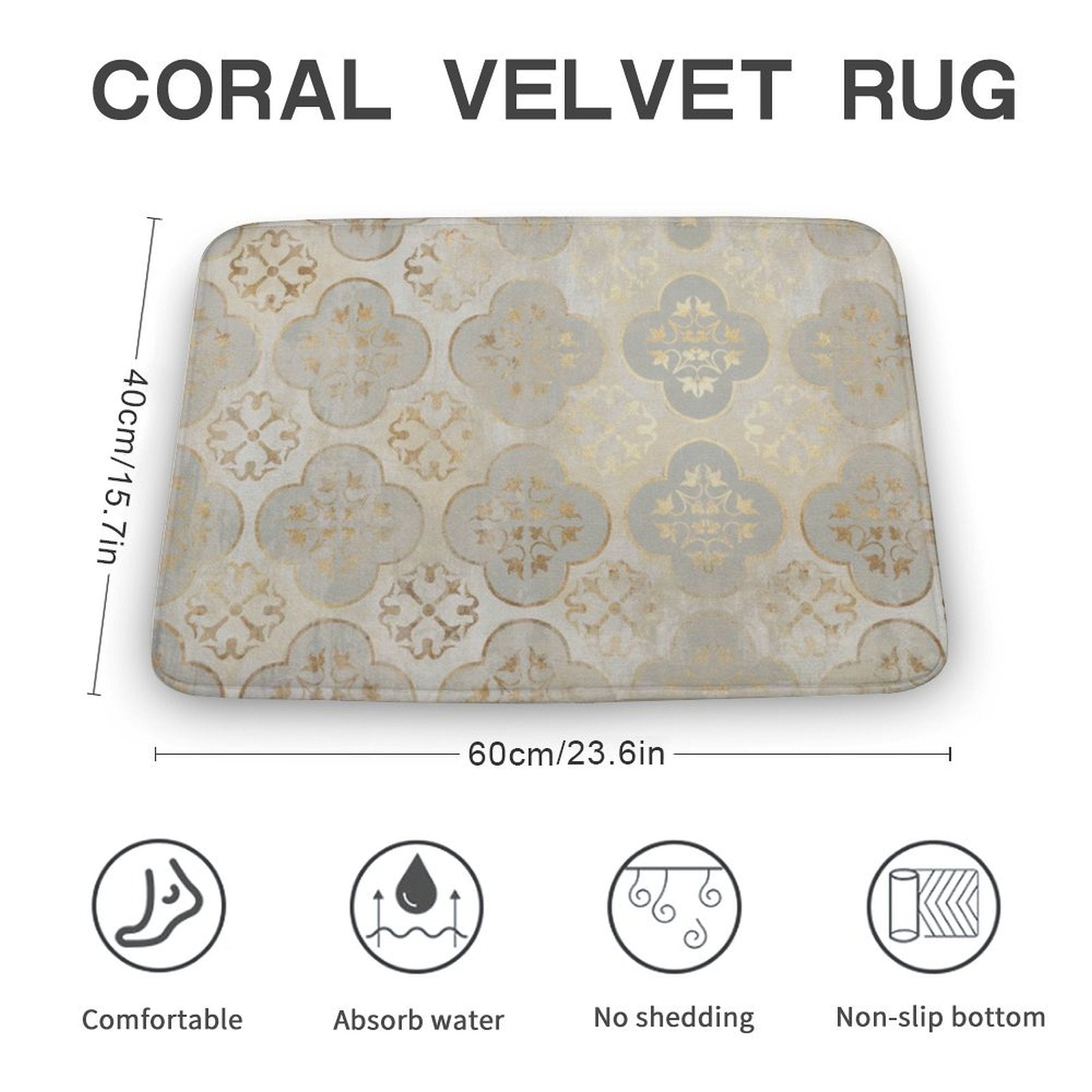 Coral velvet bathroom rug with gold floral pattern, non-slip and quick-drying, 60x40cm