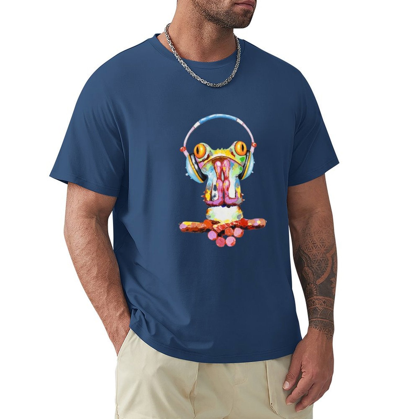 Men's navy blue short sleeve t-shirt with colorful frog art design, crew neck classic tee