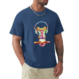 Men's blue crew neck t-shirt with colorful frog graphic and headphones print, cotton tee