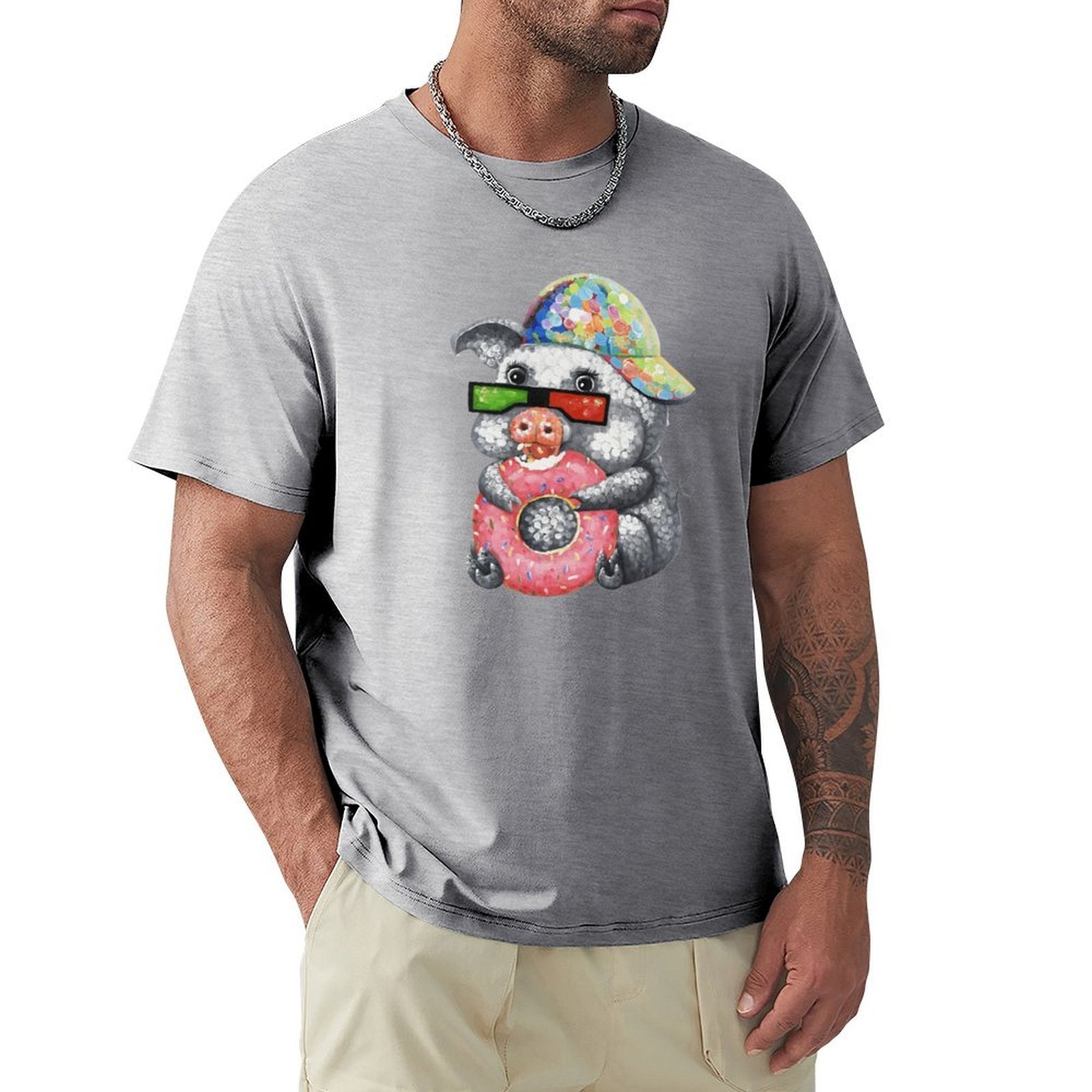 MyArtsyGift Men's gray crew neck t-shirt with pig graphic wearing 3D glasses and holding a donut. Comfort and style.