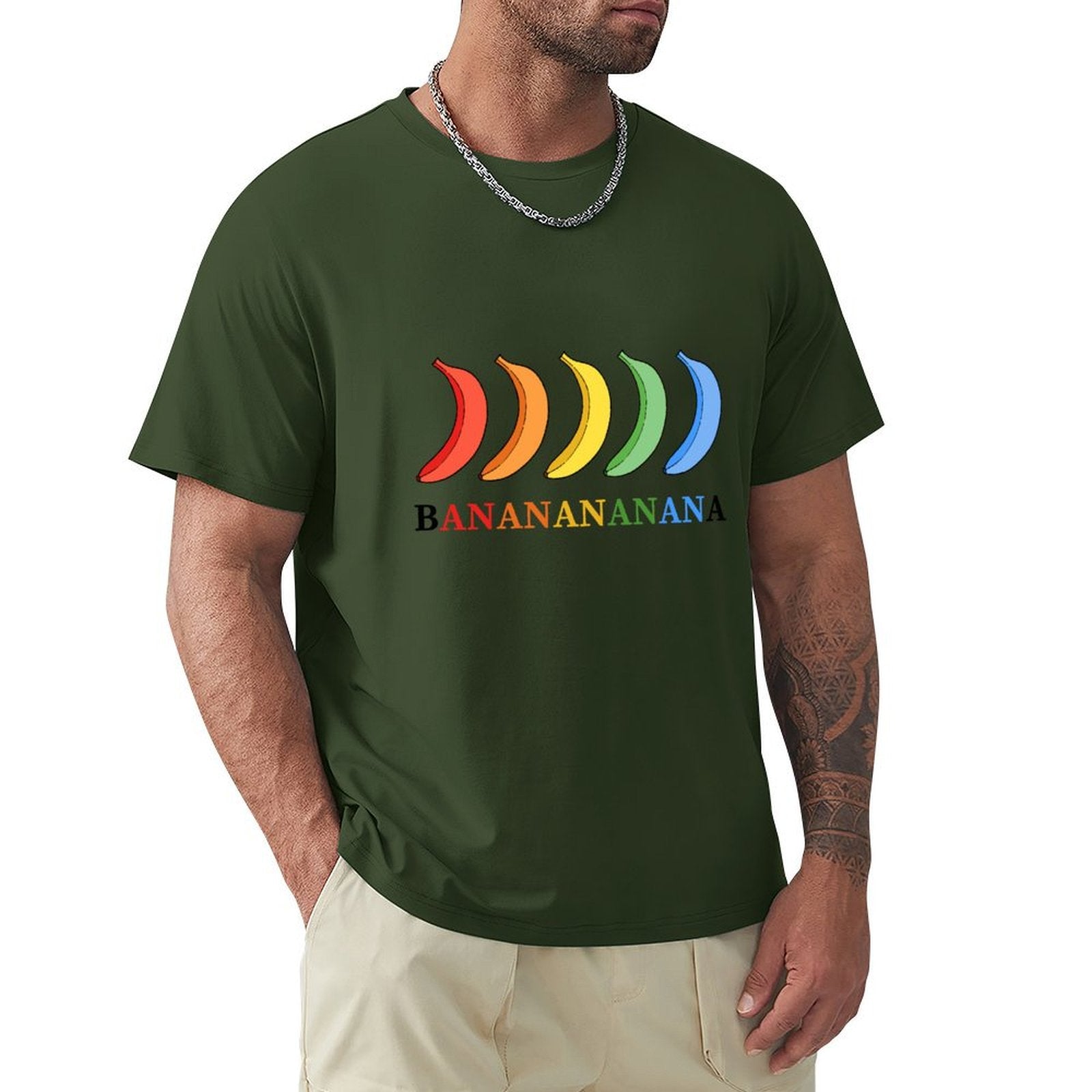 Green cotton crew neck t-shirt with colorful banana design. BANANANANANA text, for men, sizes S-6XL