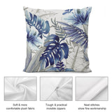 Blue floral plush pillow cover with soft fabric, an invisible zipper, and fine stitching, for sofa or living room.