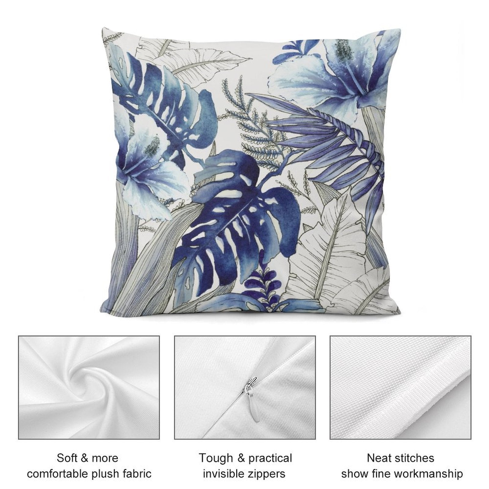 Blue tropical leaf plush pillow cover, soft fabric, invisible zipper, and quality stitching details for couch or sofa decor