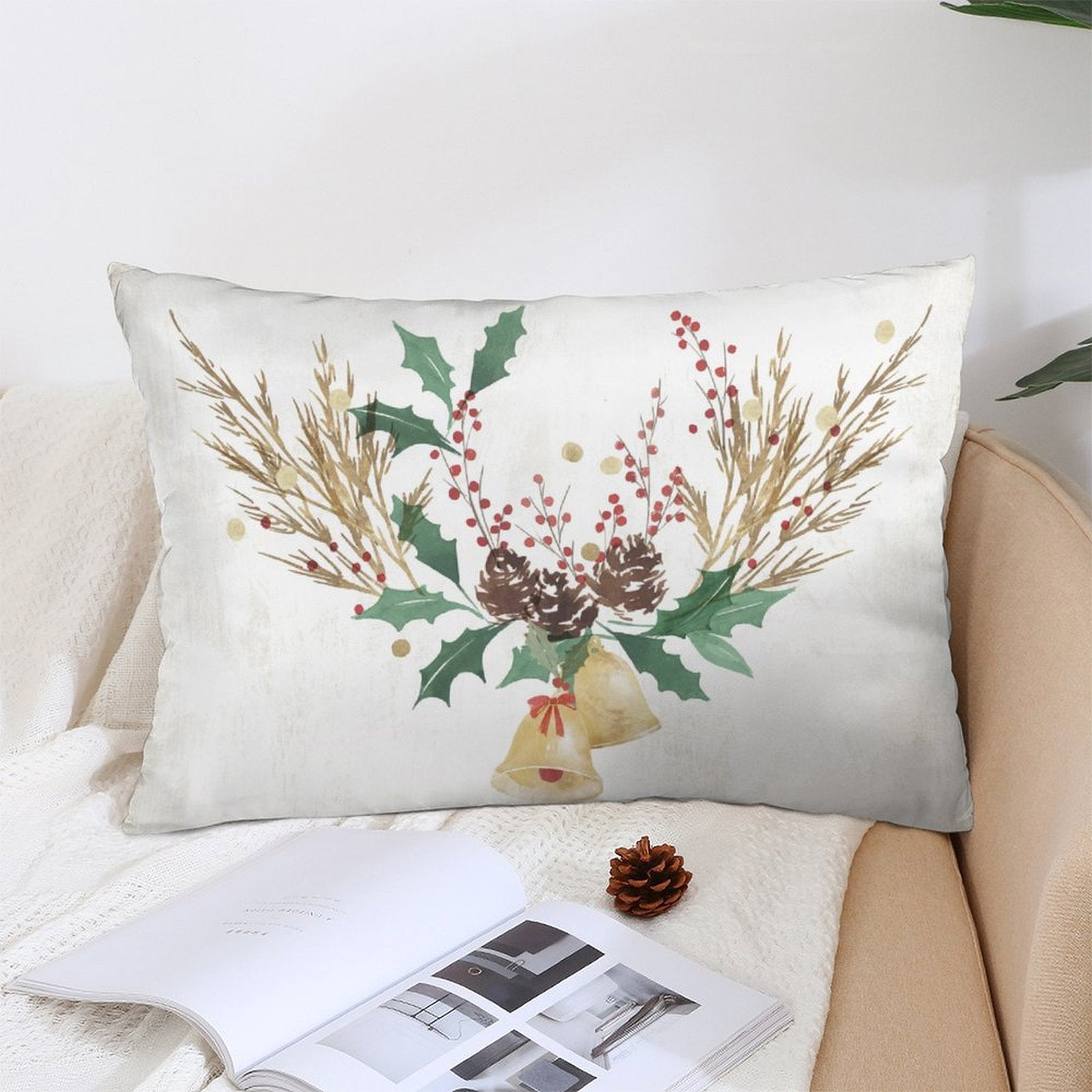 Christmas pillow cover with festive wreath design, polyester material, home decor
