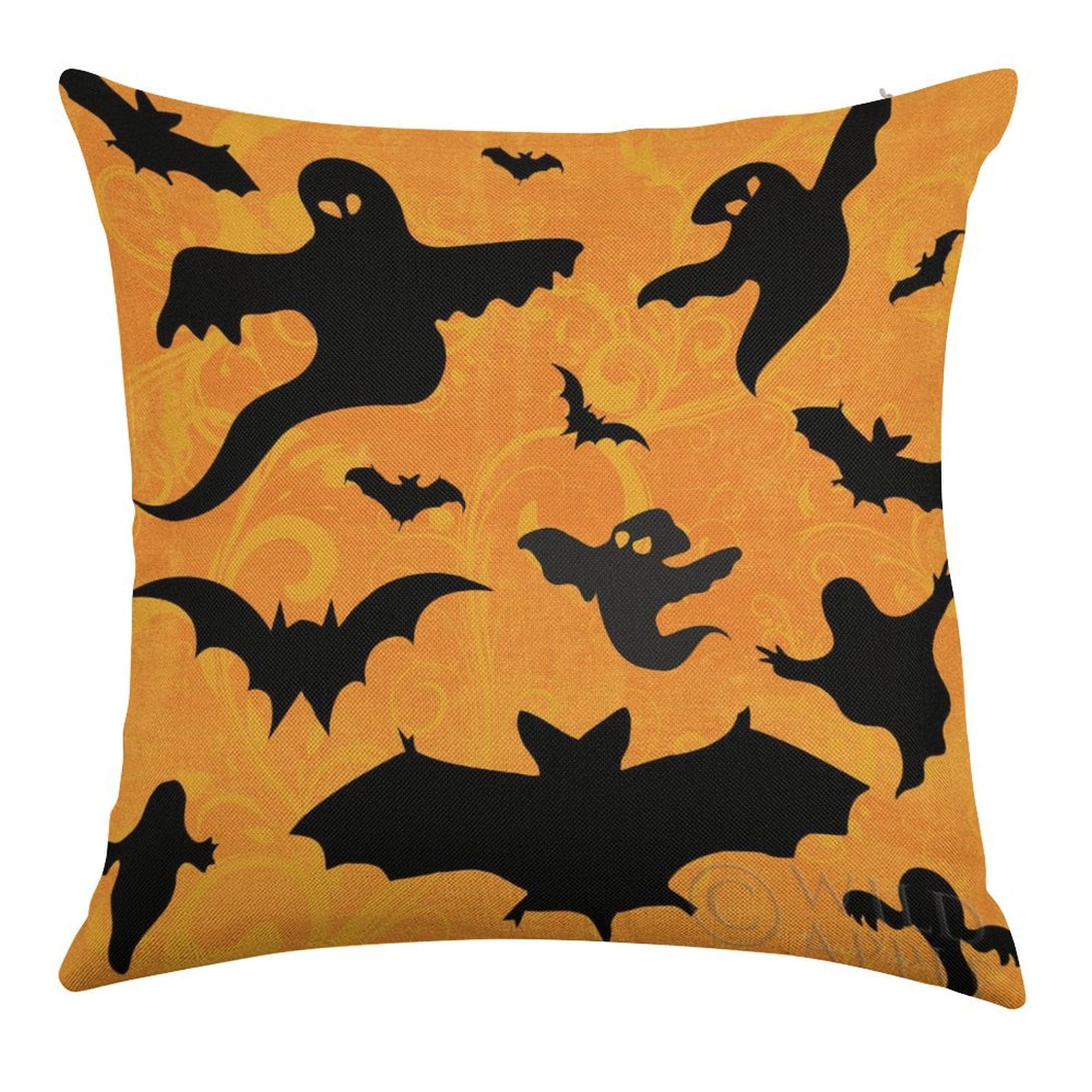 Halloween linen pillow case set with black bats and ghosts on orange background, perfect for living room decor.