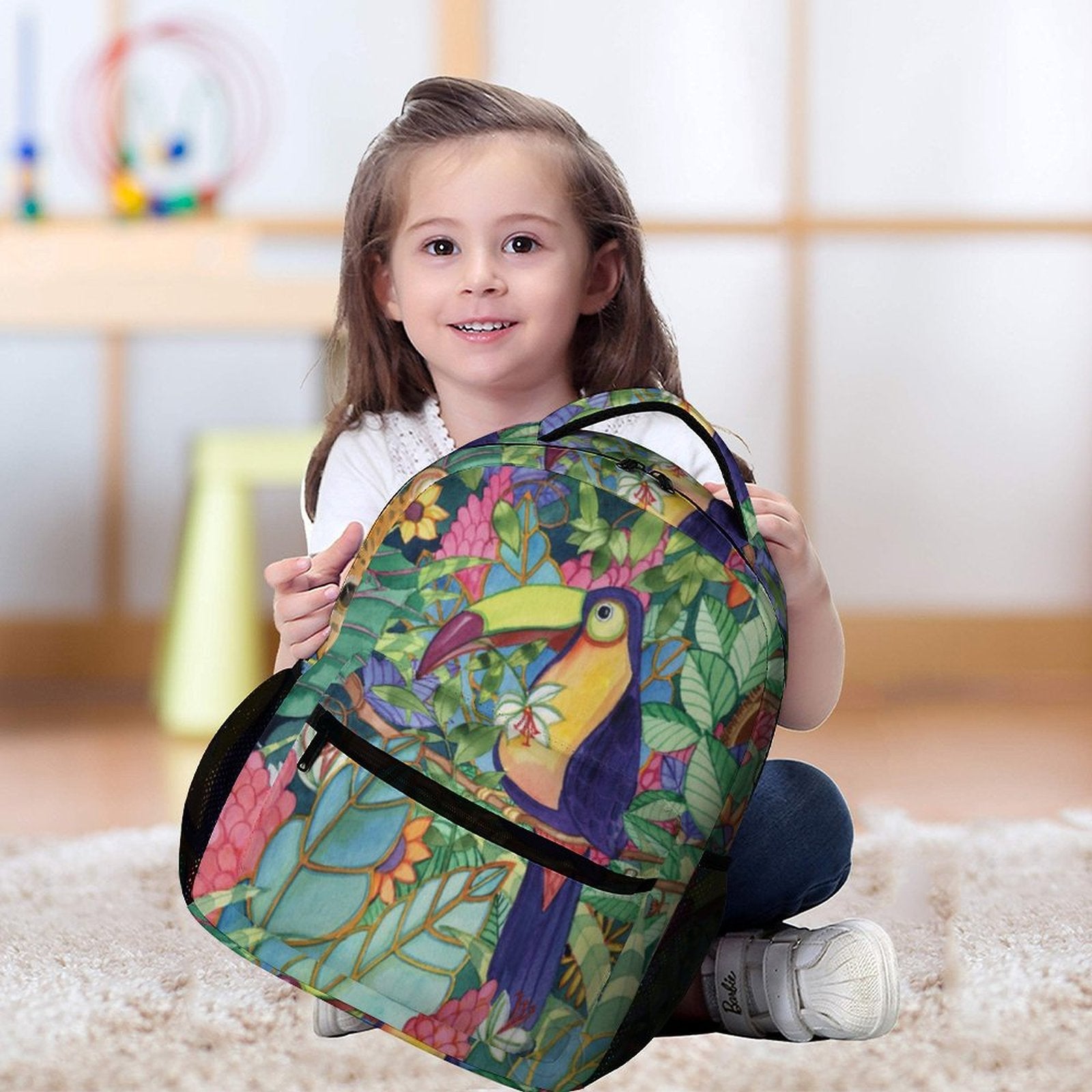 Kids toucan backpack, durable twill fabric, school bag for kids and teens, colorful design.