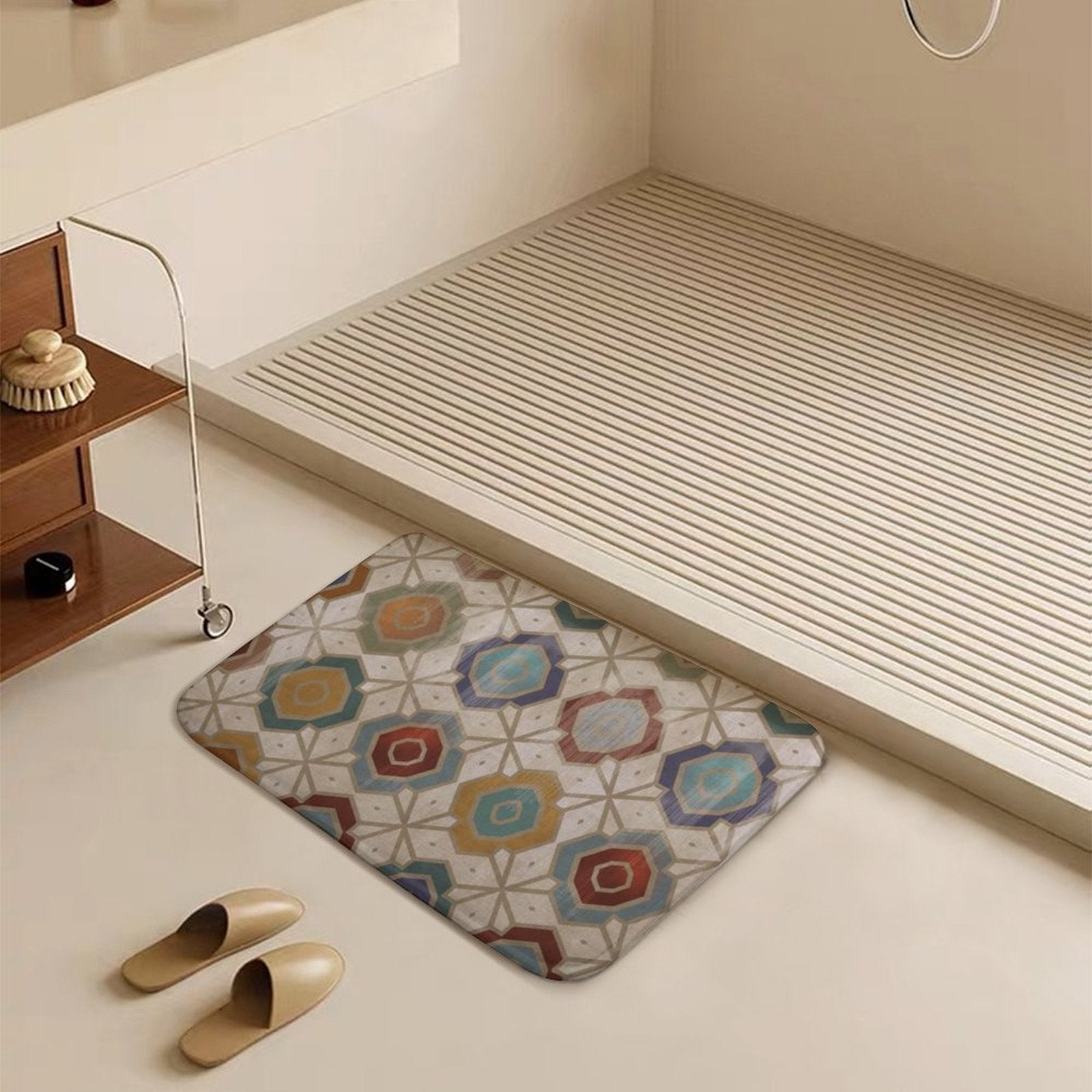 Coral velvet bath rug with geometric pattern, non-slip, quick-drying. For bathroom, kitchen, or bedroom.