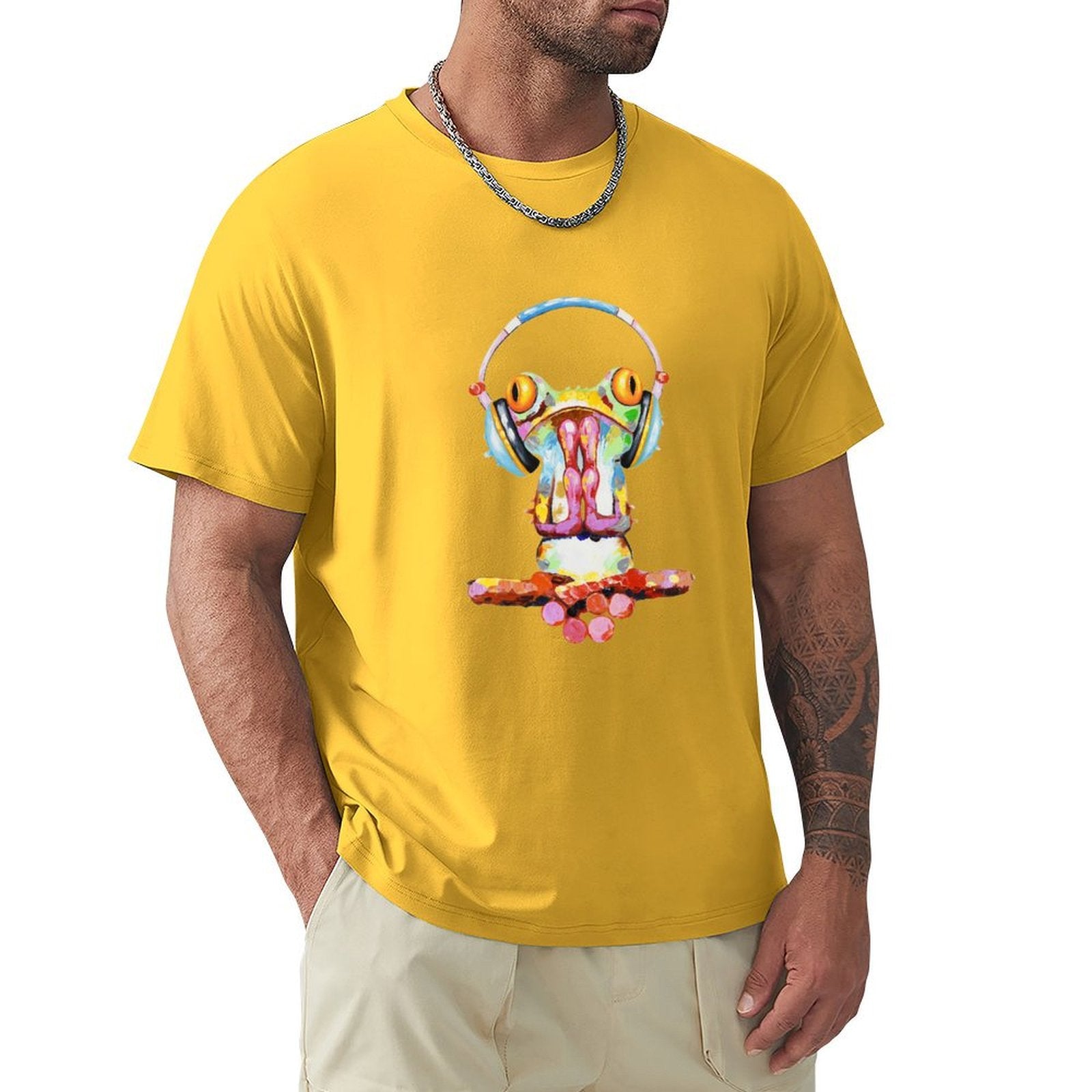 Men's yellow short sleeve t-shirt with frog art and headphones, MyArtsyGift classic tee, comfortable cotton.