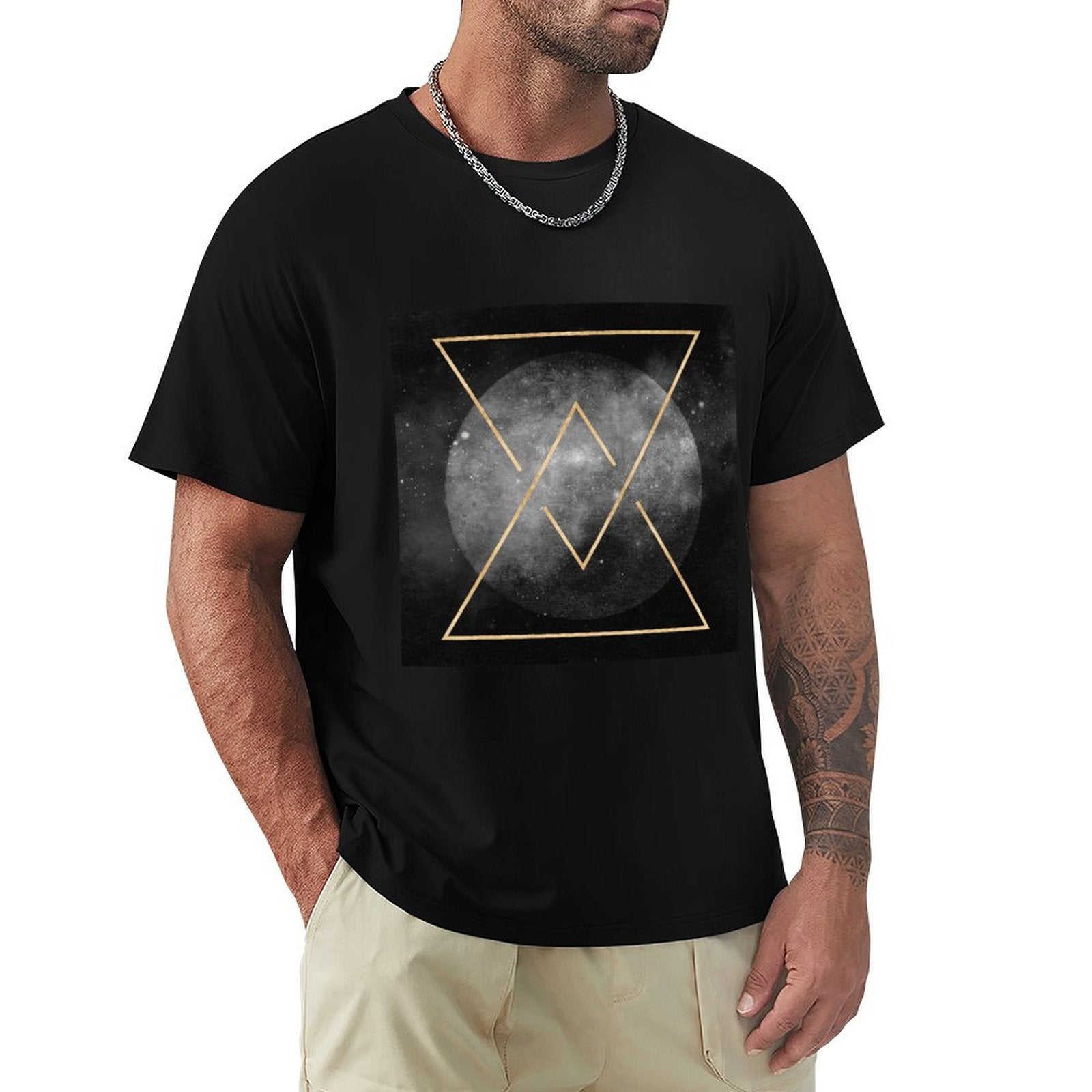 Black men's t-shirt with geometric art print, cotton crew neck classic tee, MyArtsyGift