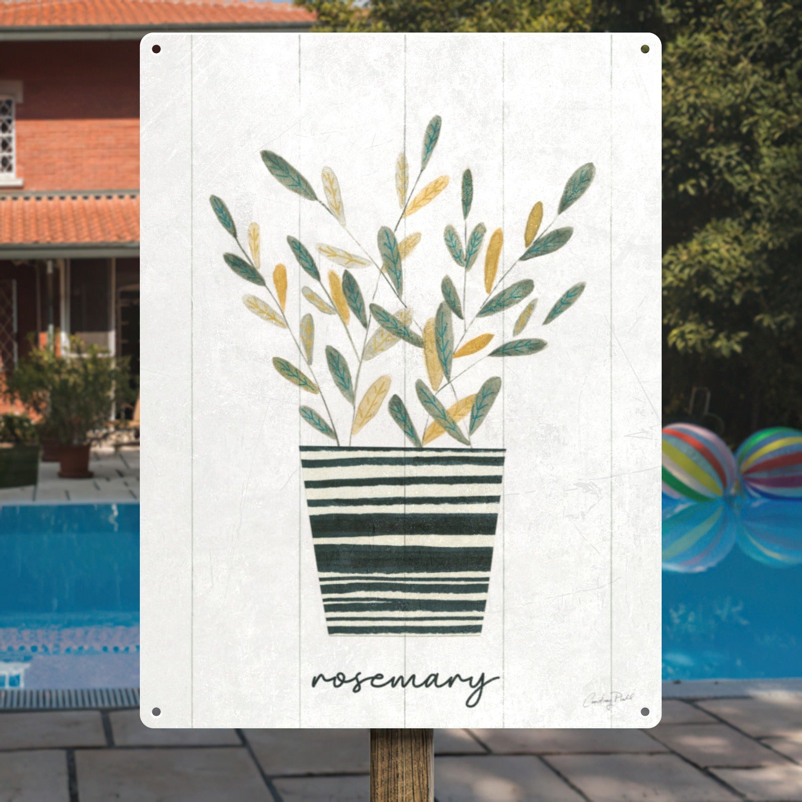 Herb Garden Metal Sign with Rosemary Plant Art in Striped Pot - Iron Wall Decor