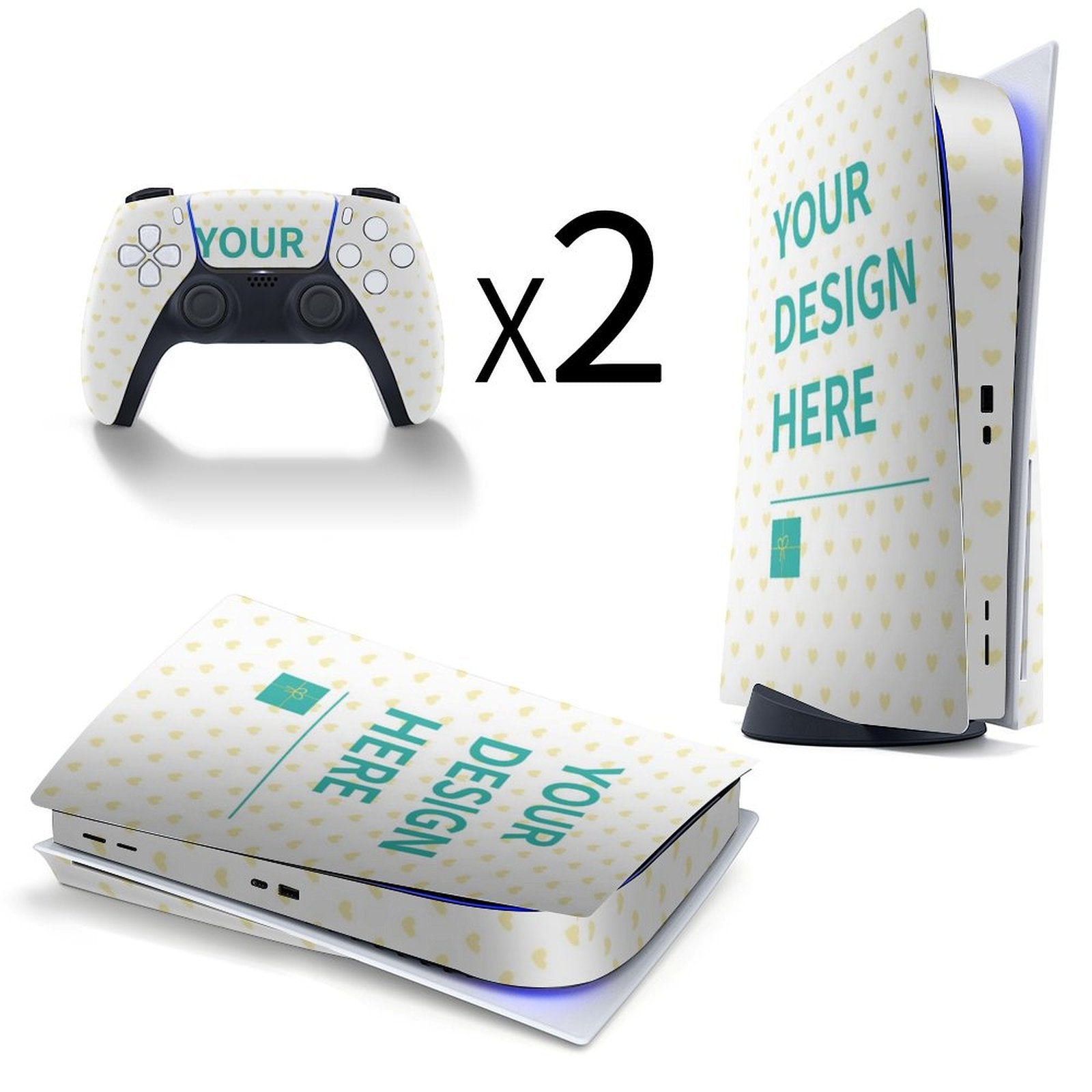 Custom PS5 skins with YOUR DESIGN HERE text and yellow hearts, perfect for personalized gaming.