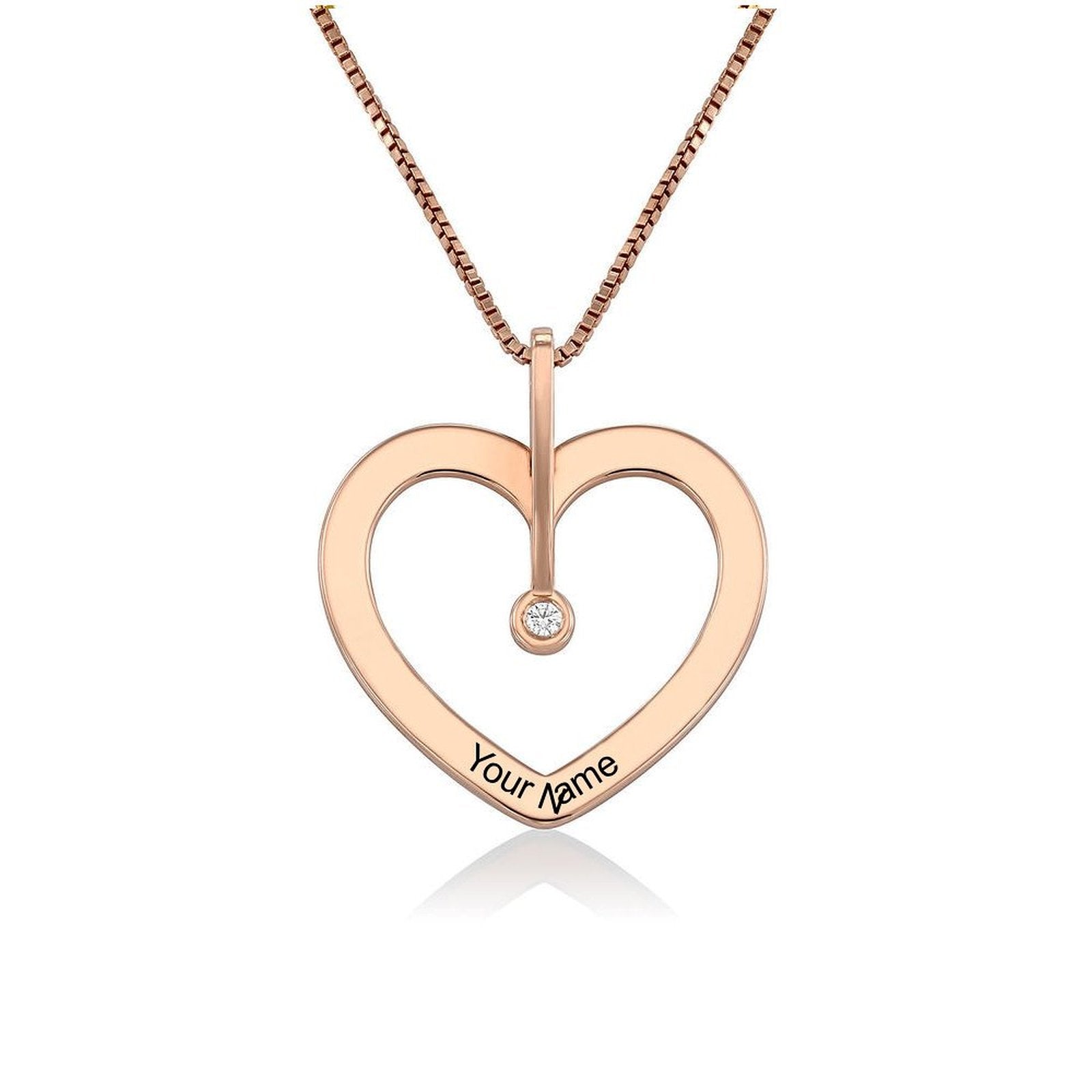 Personalized rose gold heart necklace with custom name engraving; a perfect jewelry gift for women.