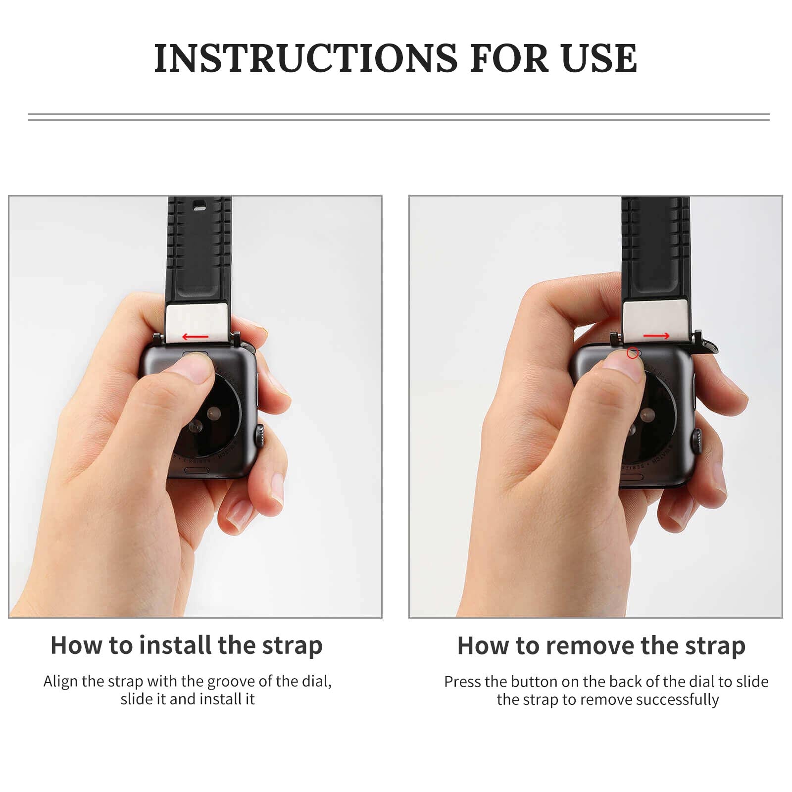 How to install and remove the PU leather strap on an Apple Watch, featuring clear instructions and the watch's design.