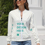 Customizable women's zip-up jacket with heart pattern, white and yellow design, features "YOUR DESIGN HERE" text.