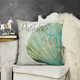 Plush pillow cover with teal seashell design and "Palourde" text. Soft, decorative pillow cover.