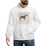 Men's white hooded sweatshirt featuring a horse graphic with equestrian terms. Comfortable, made in USA.