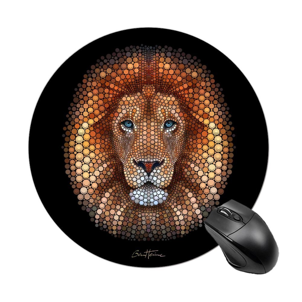 Round mouse pad with artistic lion mosaic design. Non-slip rubber base mousepad for office and home use.